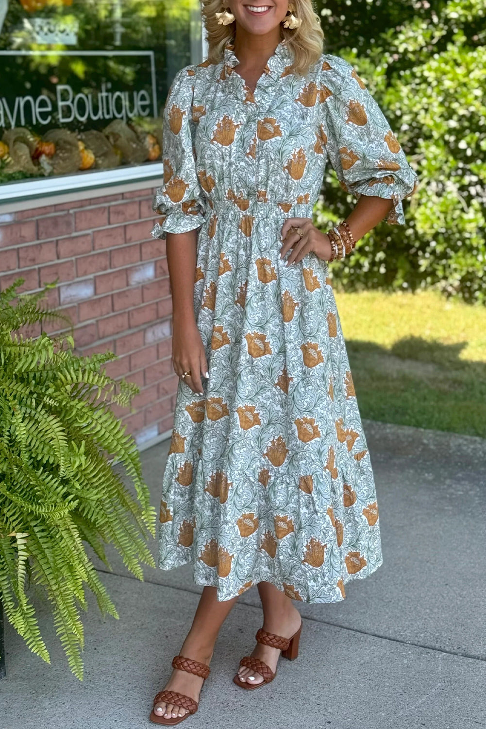 Floral Frilled V Neck Long Dress Bracelet Sleeve Brown Sky Blue Women S-XL
