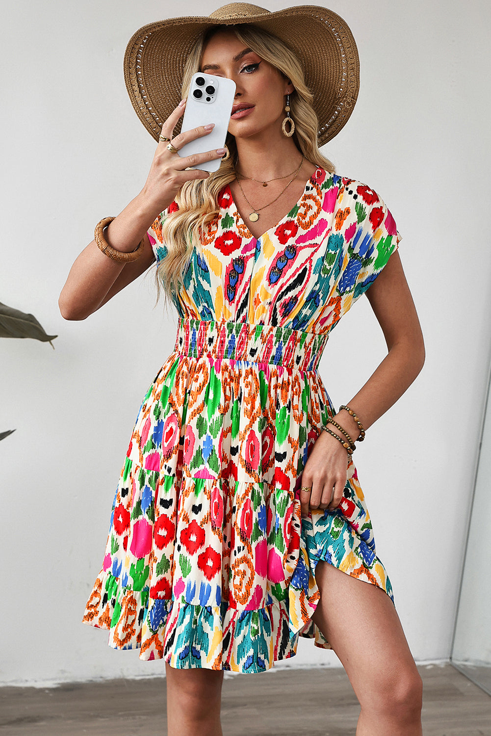 Women's Abstract Print V-Neck Dolman Sleeve Ruffle Tiered Mini Dress S-XL at LivelyLooks