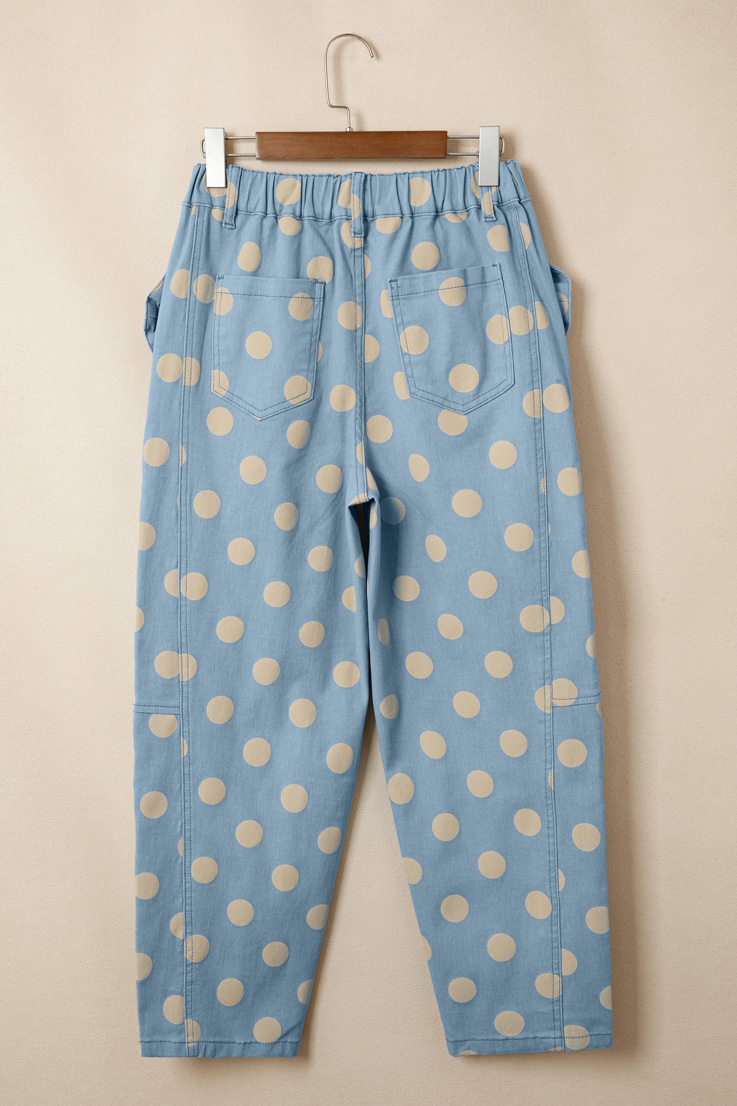 Polka Dot Print Bow Detail Pocketed Loose Jeans | White & Sky Blue