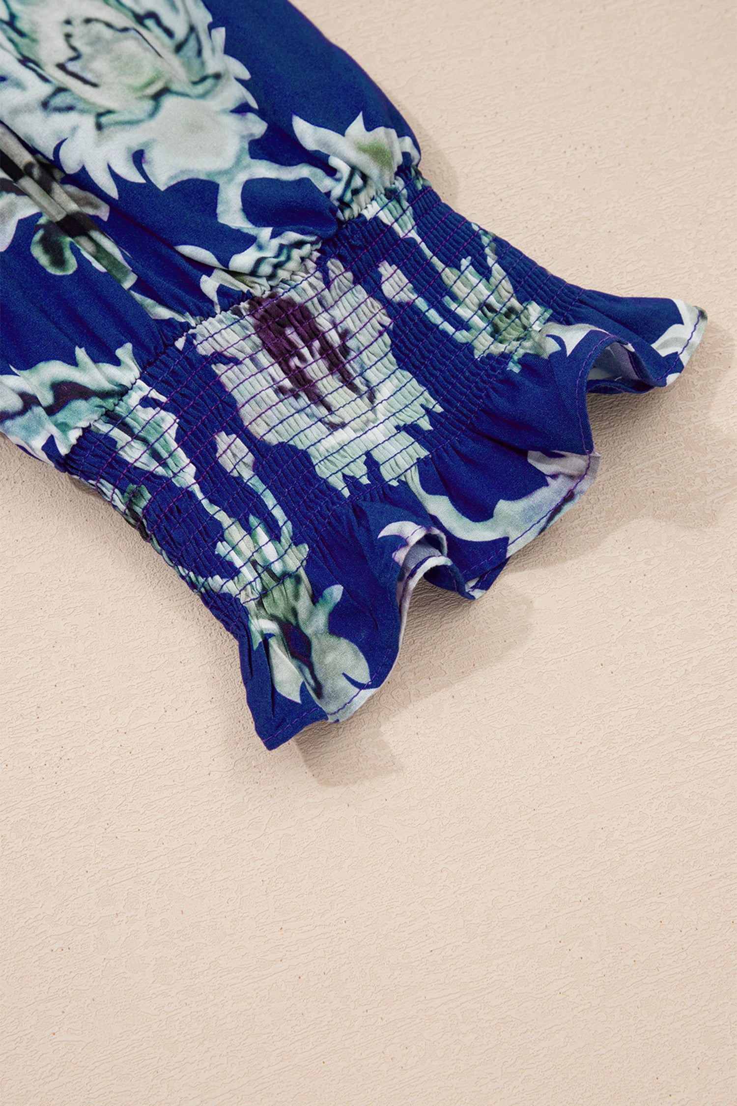 Women's Blue Wild Floral Print Frilled Collar Puff Sleeve Midi Dress at LivelyLooks