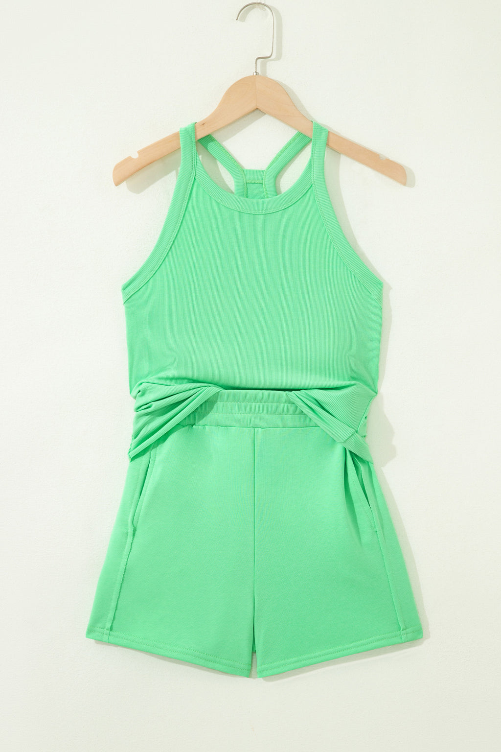 Ribbed Slim Tank Top & High Waist Shorts Set – Sky Blue, Pink & Green