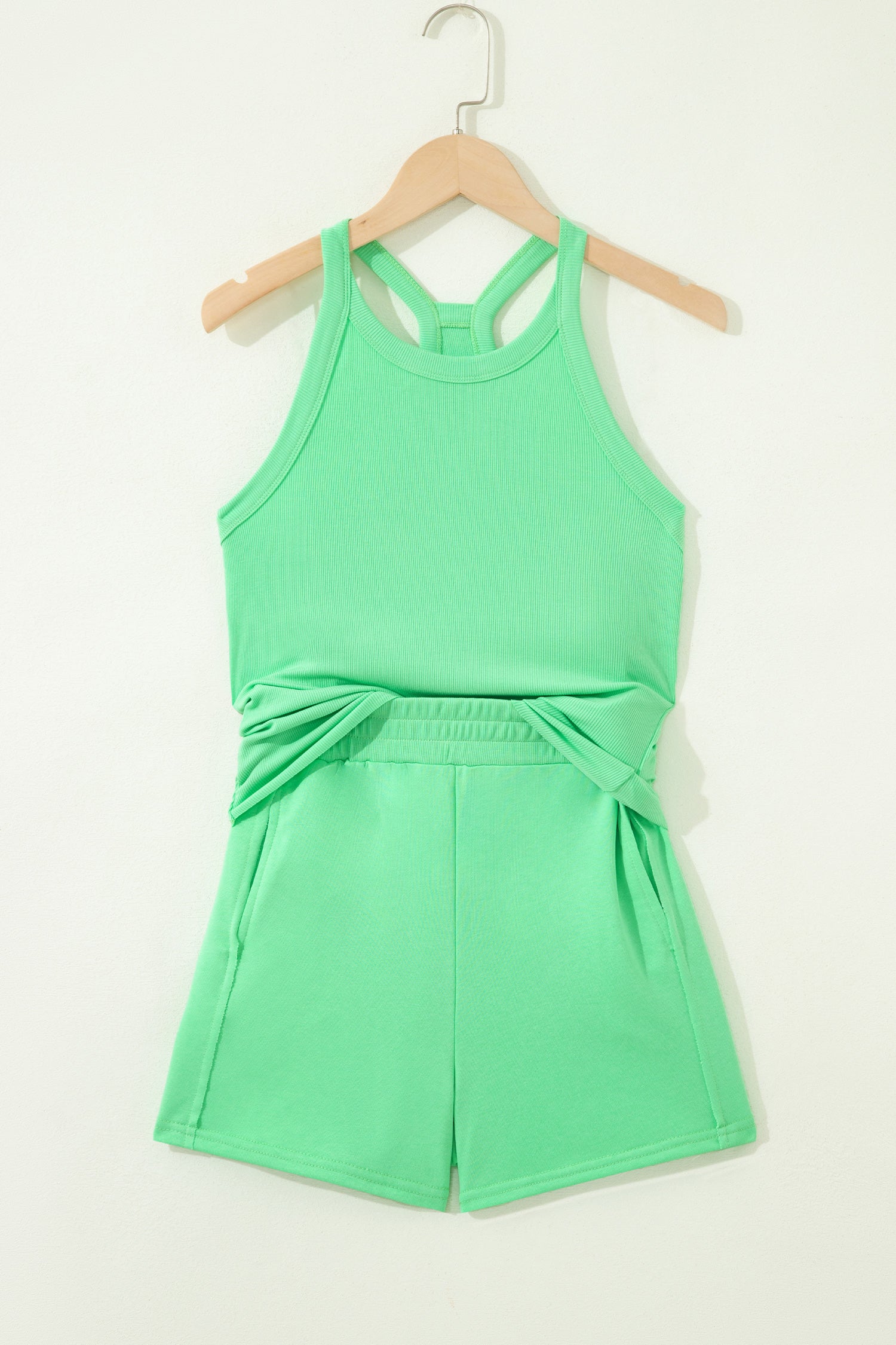 Ribbed Slim Tank Top & High Waist Shorts Set – Sky Blue, Pink & Green