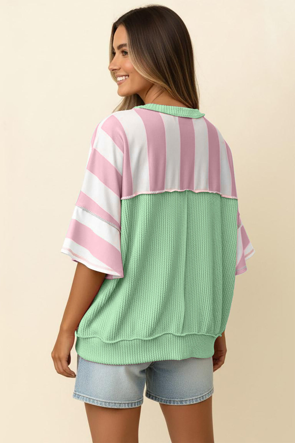 Stripe Colourblock Ribbed Patchwork Exposed Seam Oversized Tee | Pink & Green