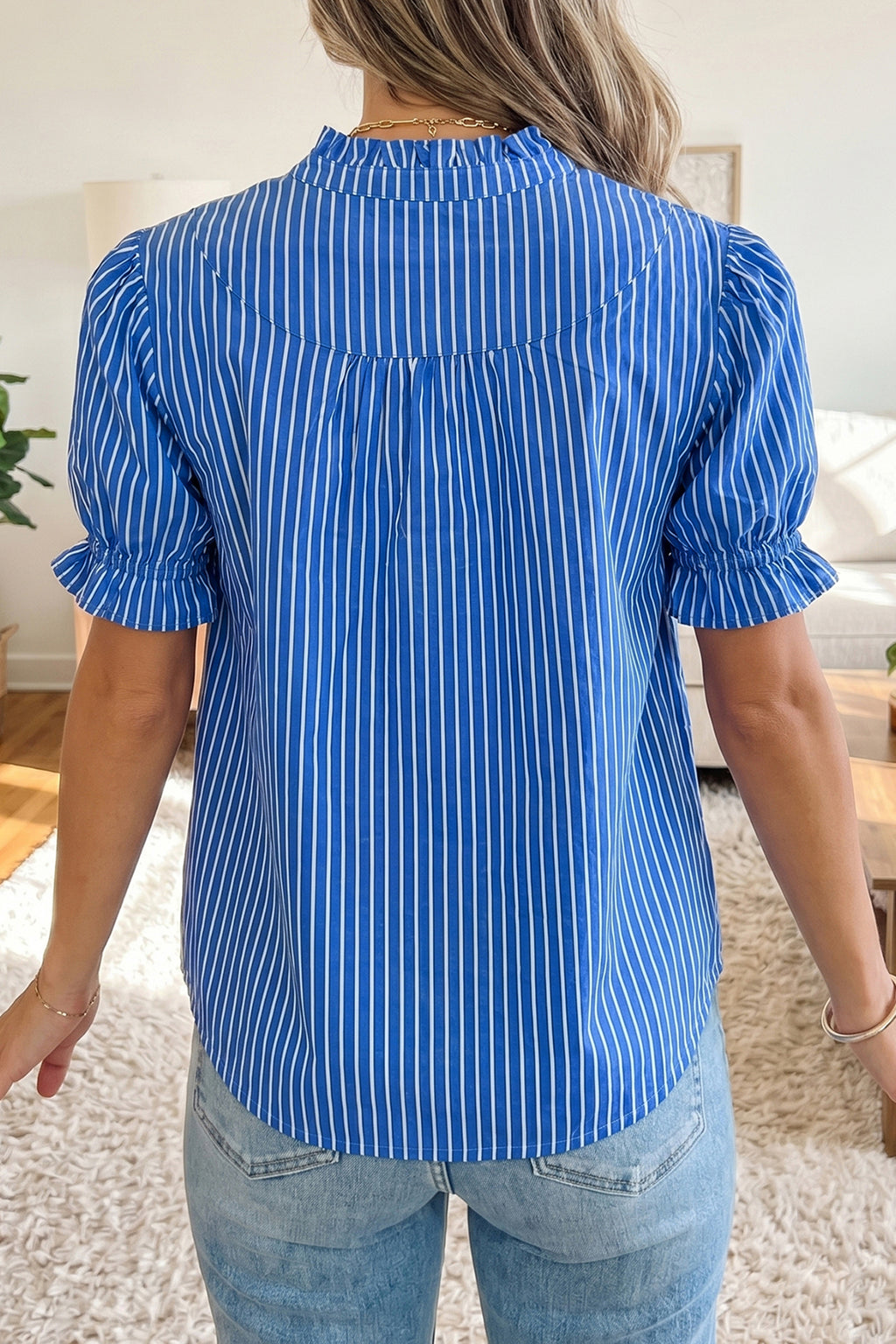 Blue Stripe Puff Sleeve Blouse Ruffle Collar Button Front S-XL