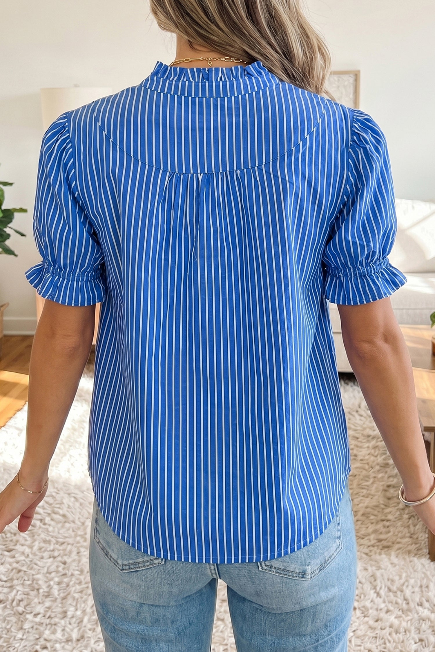 Blue Stripe Puff Sleeve Blouse Ruffle Collar Button Front S-XL