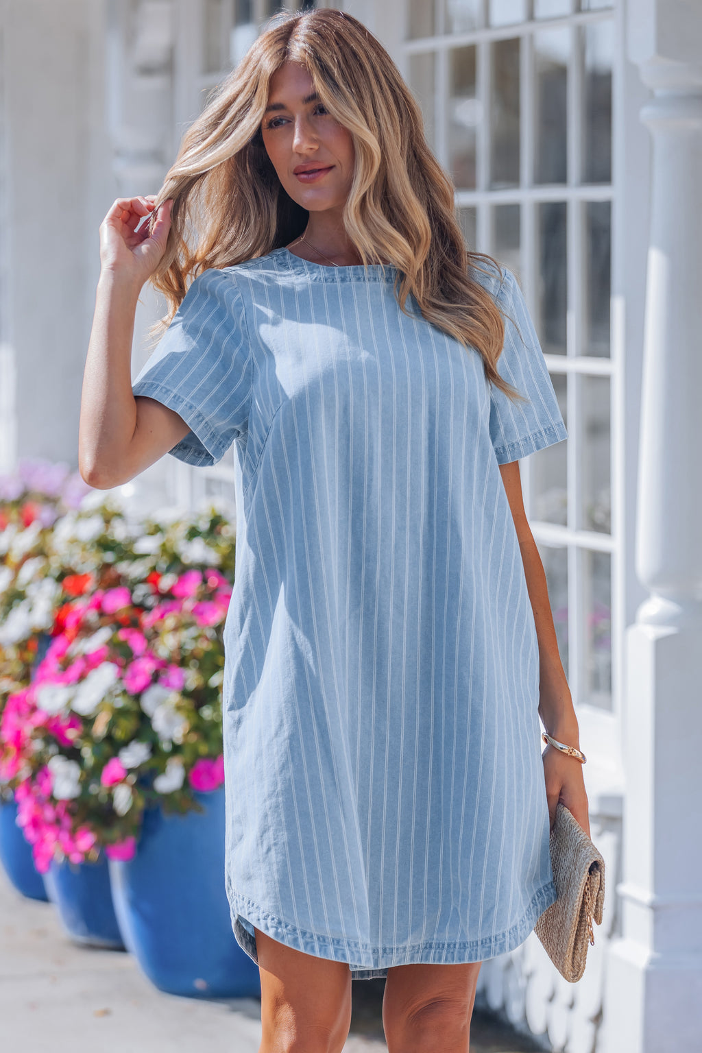 Sky Blue Stripe Buttoned Back T-Shirt Denim Mini Dress S-XL