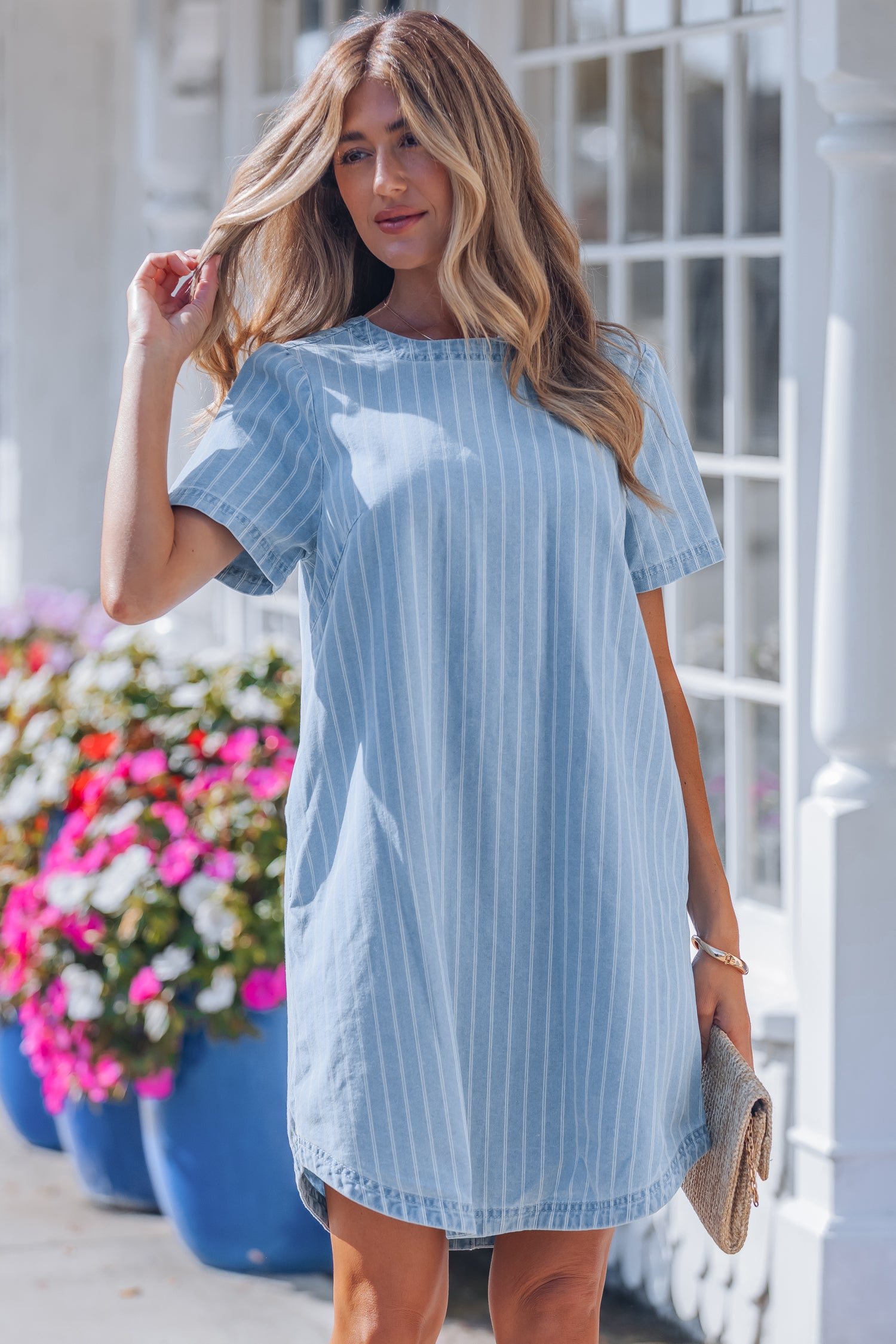 Sky Blue Stripe Buttoned Back T-Shirt Denim Mini Dress S-XL