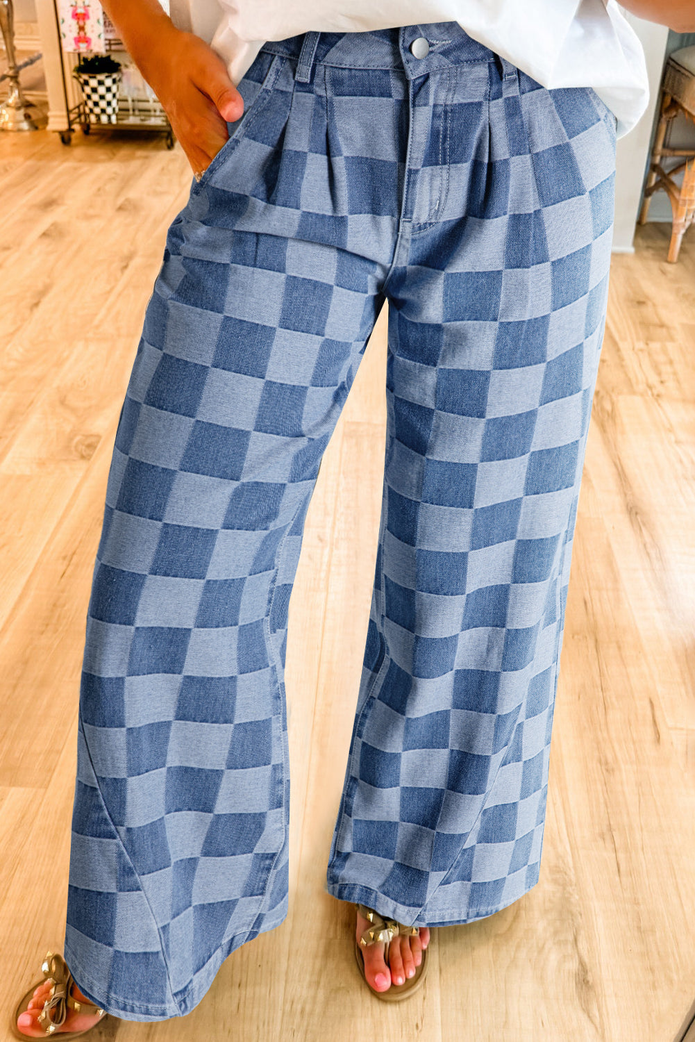Shop Checkered Denim Wide Leg Jeans UK 8-20 at LivelyLooks