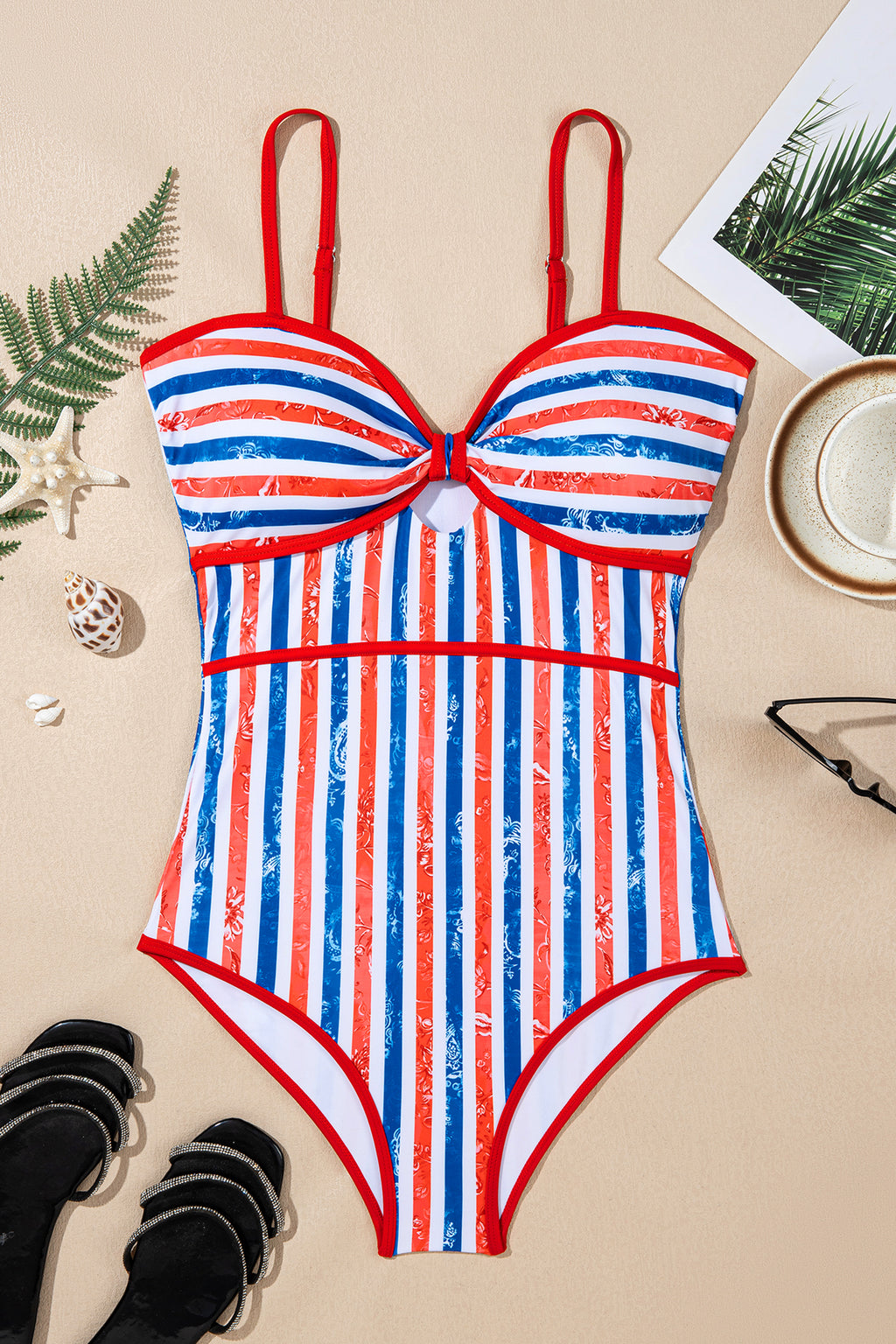 Women's Women Red July 4th Star Stripe Cutout One Piece Swimsuit Spaghetti Straps S-XL at LivelyLooks