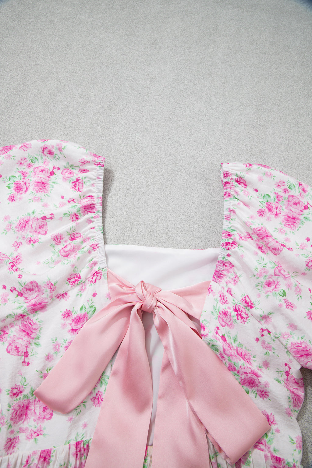 Pink Floral Mini Dress Square Neck Ribbon Knot Back Puff Sleeve Women S-XL