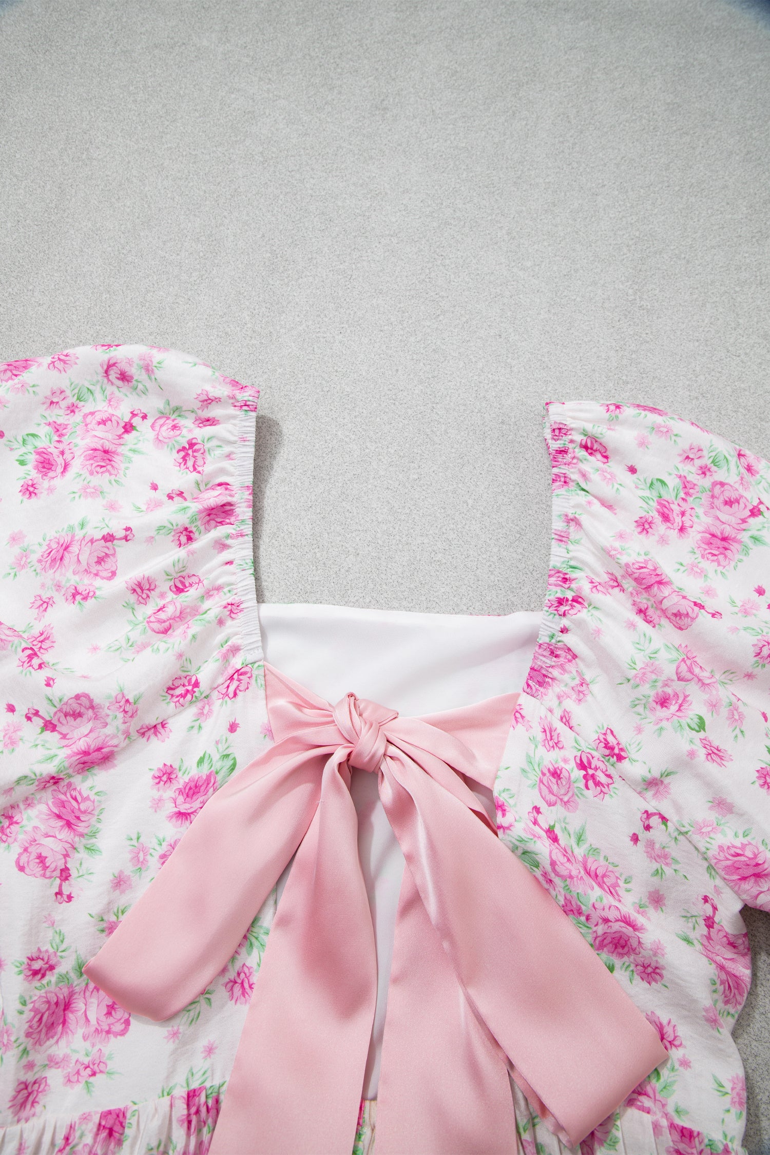 Pink Floral Mini Dress Square Neck Ribbon Knot Back Puff Sleeve Women S-XL