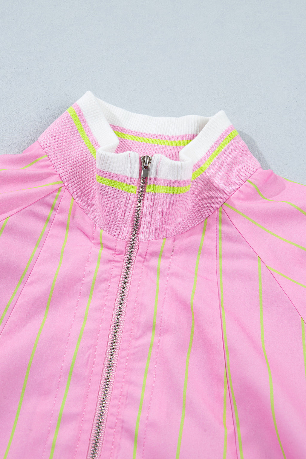 Pink Stripe V-Neck Half Sleeve Zip Ribbed Cuff Casual Blouse
