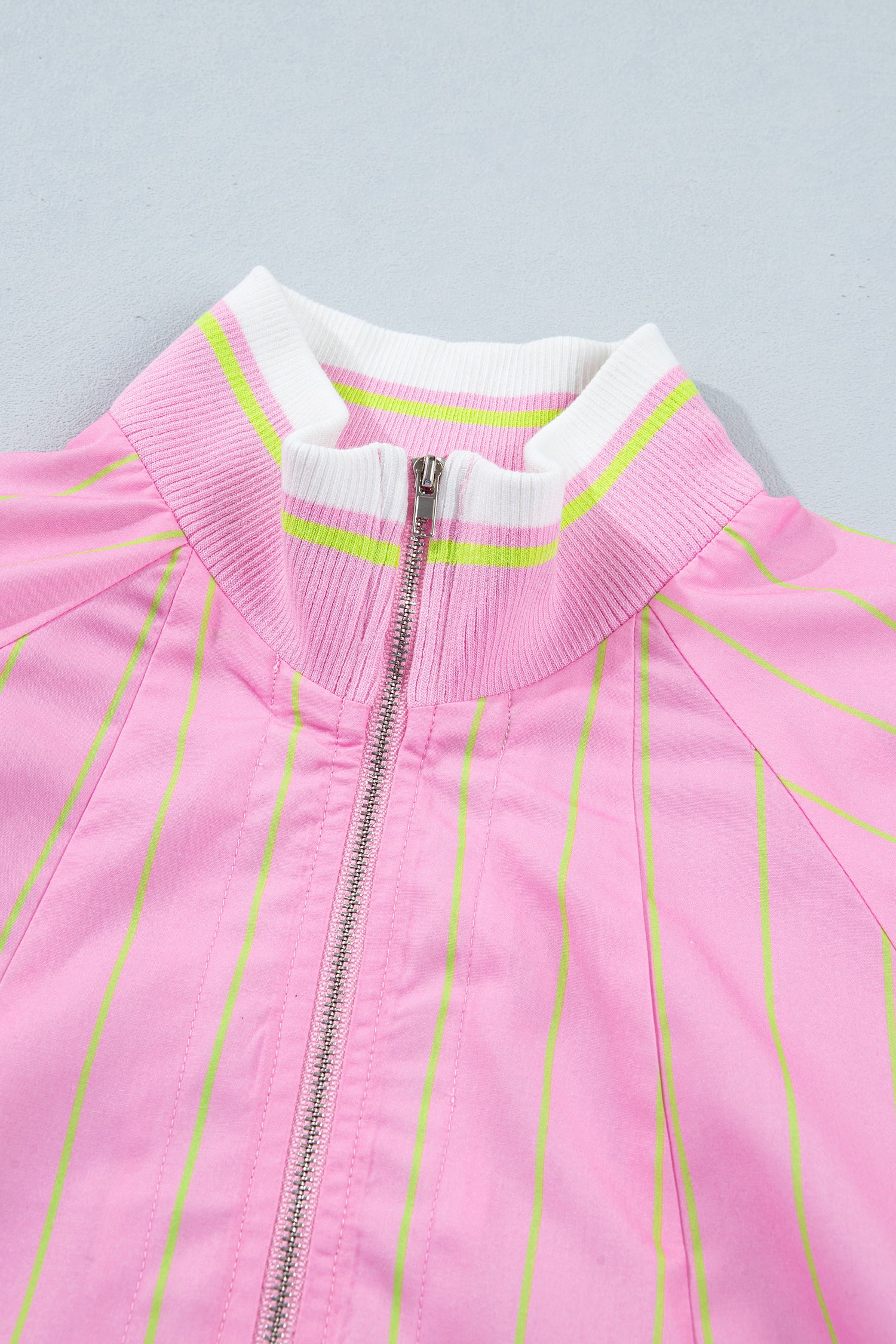 Pink Stripe V-Neck Half Sleeve Zip Ribbed Cuff Casual Blouse
