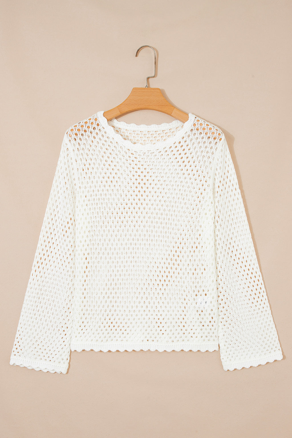 LivelyLooks Yellow Cream Scalloped Trim Hollow Out Knit Long Sleeve Top women's fashion