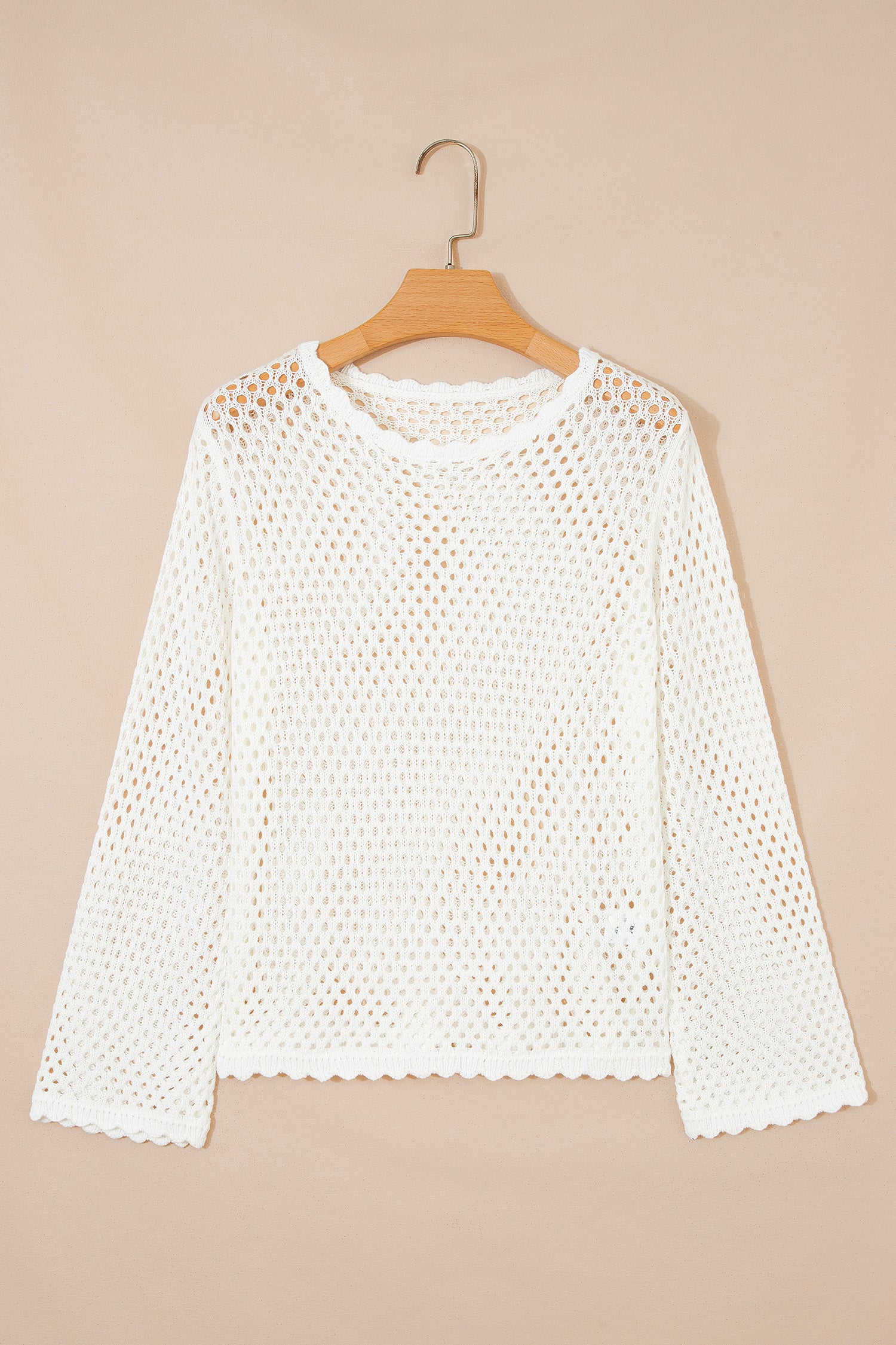 LivelyLooks Yellow Cream Scalloped Trim Hollow Out Knit Long Sleeve Top women's fashion
