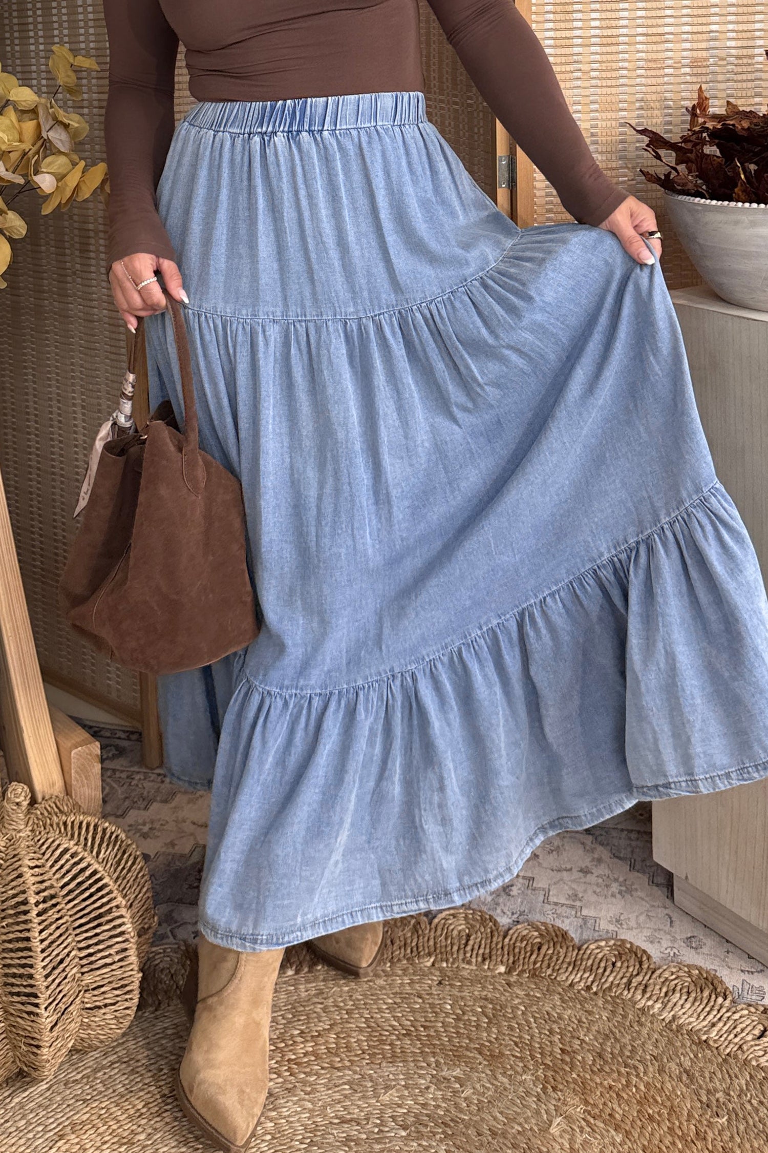 Women's Women's Flared Denim Maxi Skirt Tiered Ruffled Elastic Waist Blue S-XL at LivelyLooks