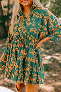 Women's Women's Floral Print Drawstring Tunic Short Dress Green Pink S-XL at LivelyLooks