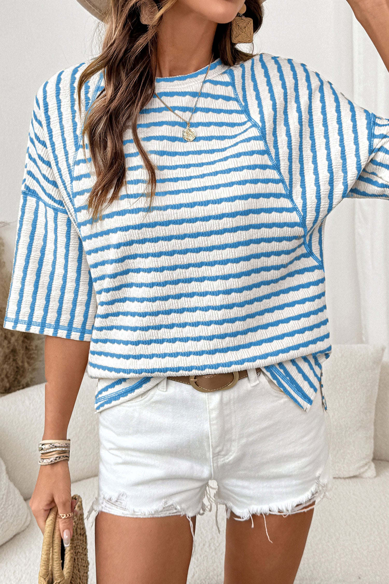LivelyLooks Brown Stripe Textured Knit Split Hem Half Sleeve Loose Top women's fashion