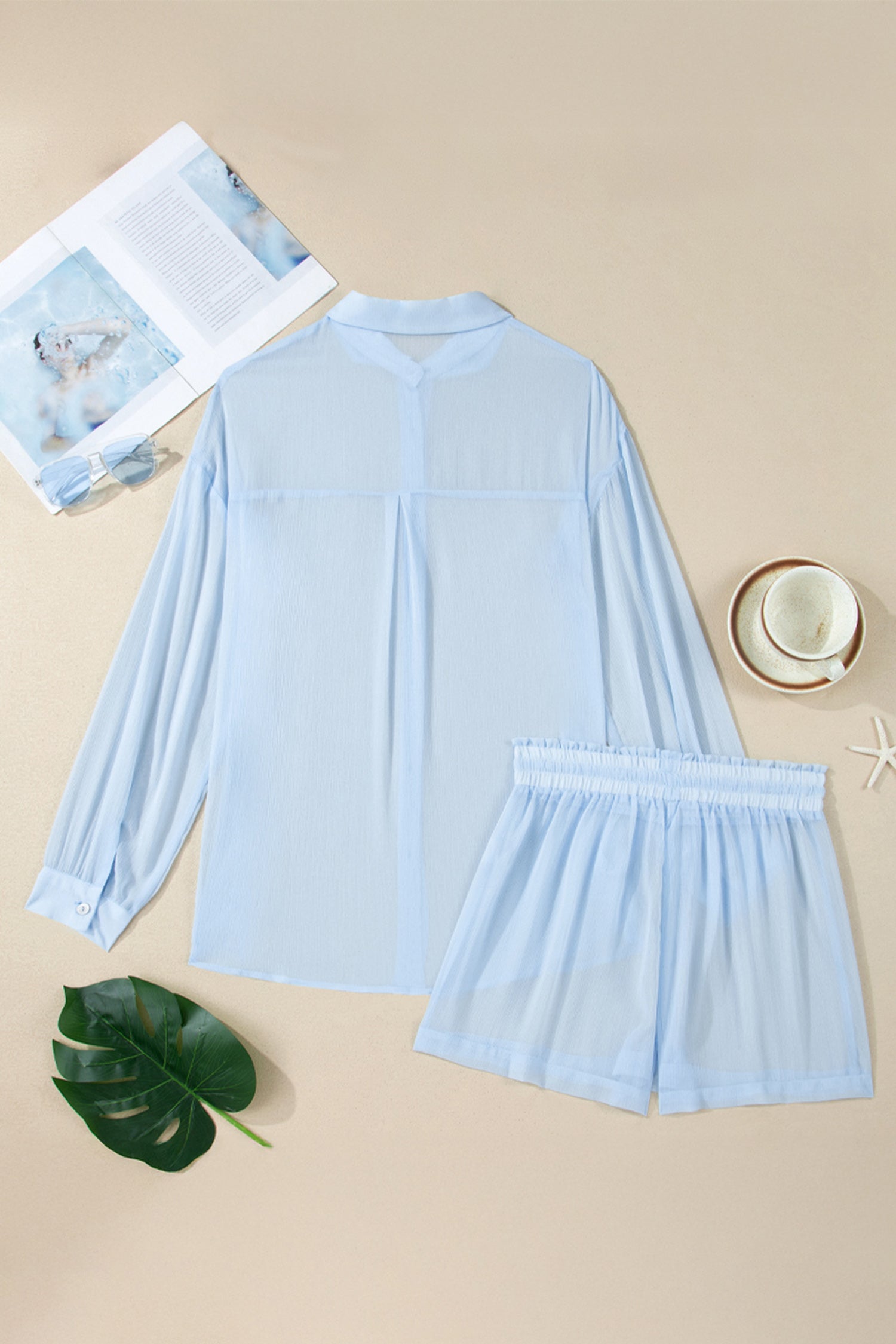 Women's Women Sheer Tunic Shirt Drawstring Shorts 2 Piece Swim Cover Up Set Blue Black S-XL at LivelyLooks
