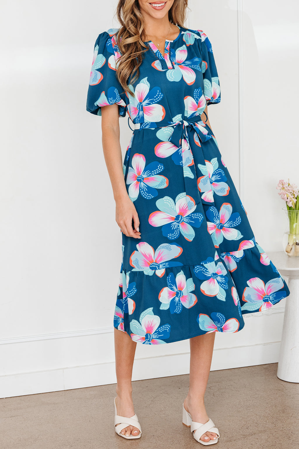 Blue Floral Puff Sleeve Ruffle Hem Belted Long Dress S-XL