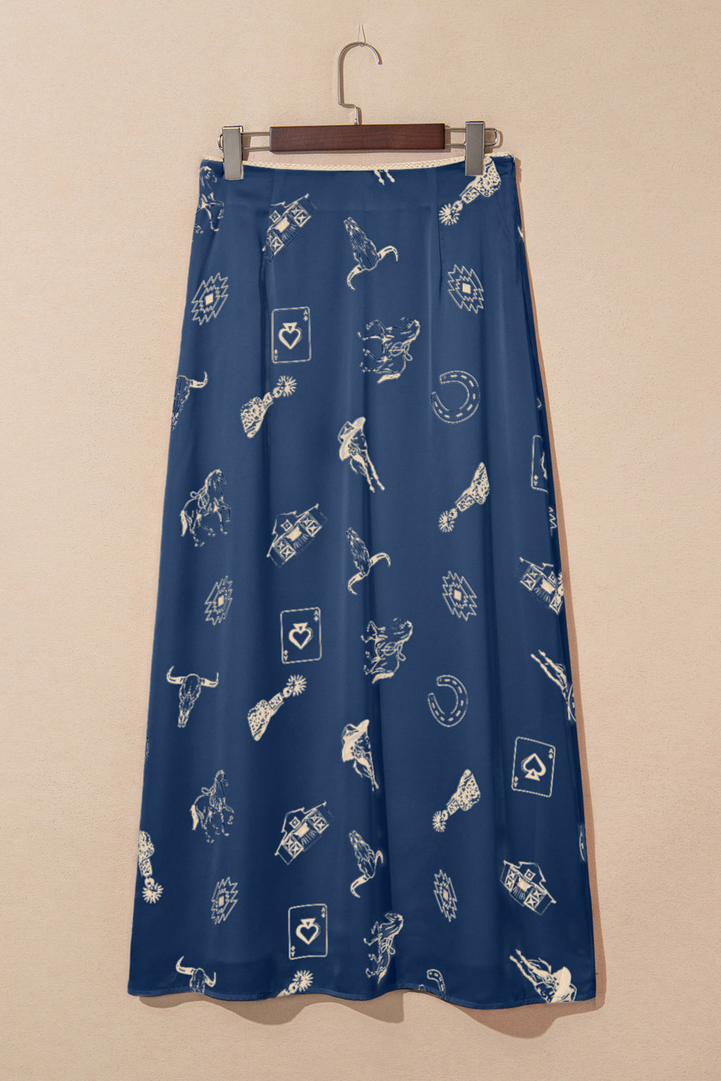 Women's Navy Blue Western Print Satin Long Skirt at LivelyLooks