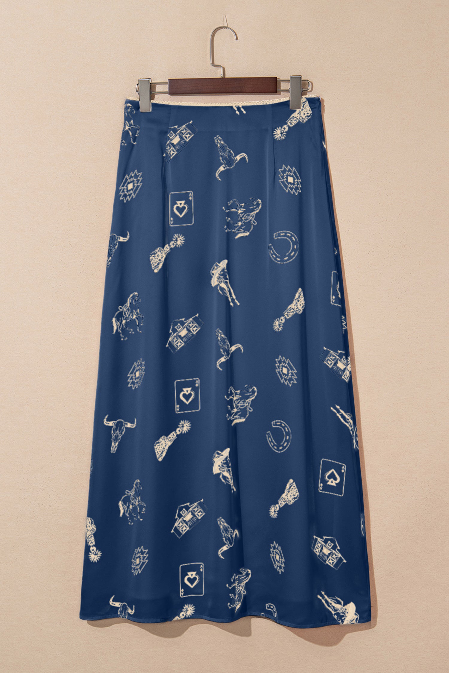 Women's Navy Blue Western Print Satin Long Skirt at LivelyLooks