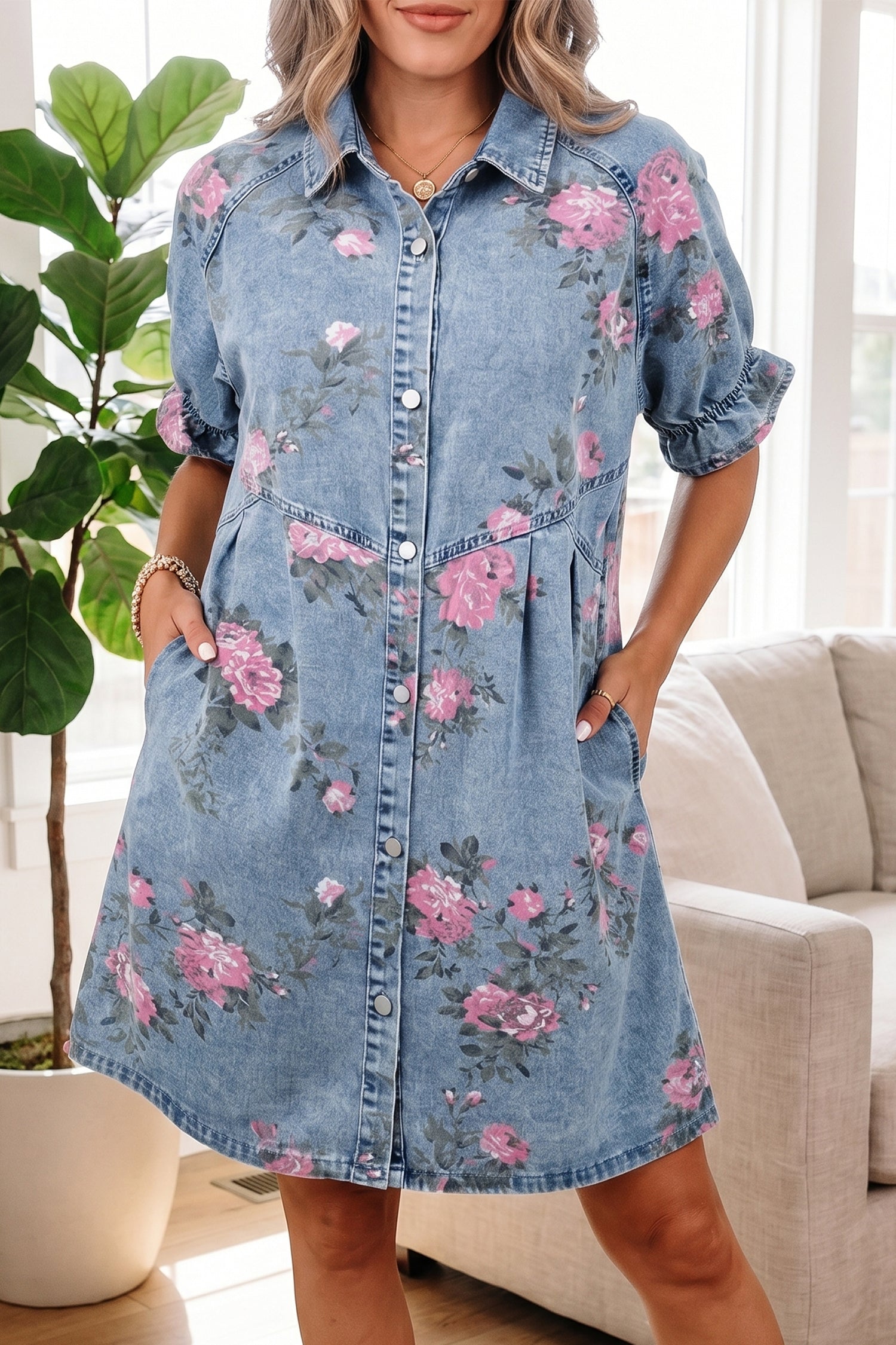 Sky Blue Floral Denim Dress Short Sleeve Button Down Colour Block Collar S-XL