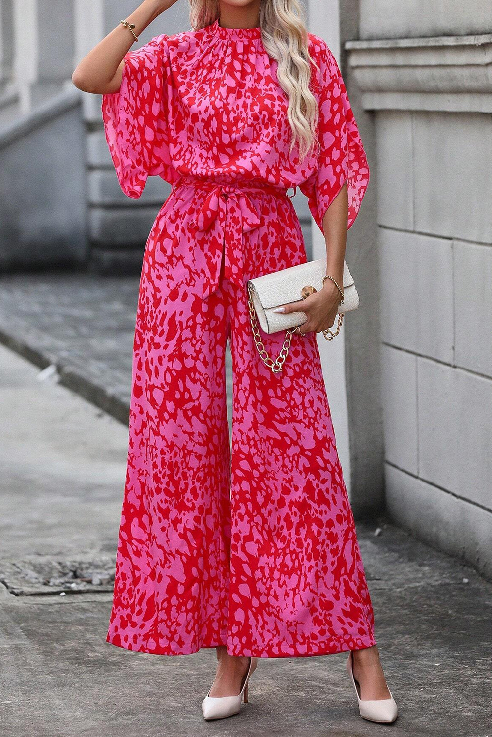 Women's Rose Leopard Print Belted Wide Leg Jumpsuit at LivelyLooks