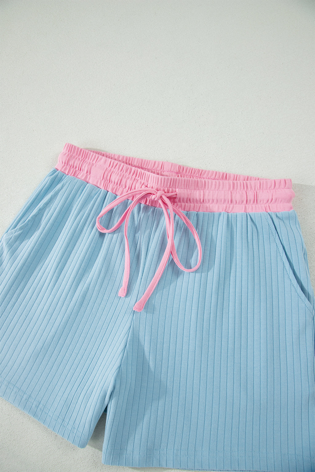 Mist Blue Ribbed Colour Block Tee & Shorts Co-ord Set