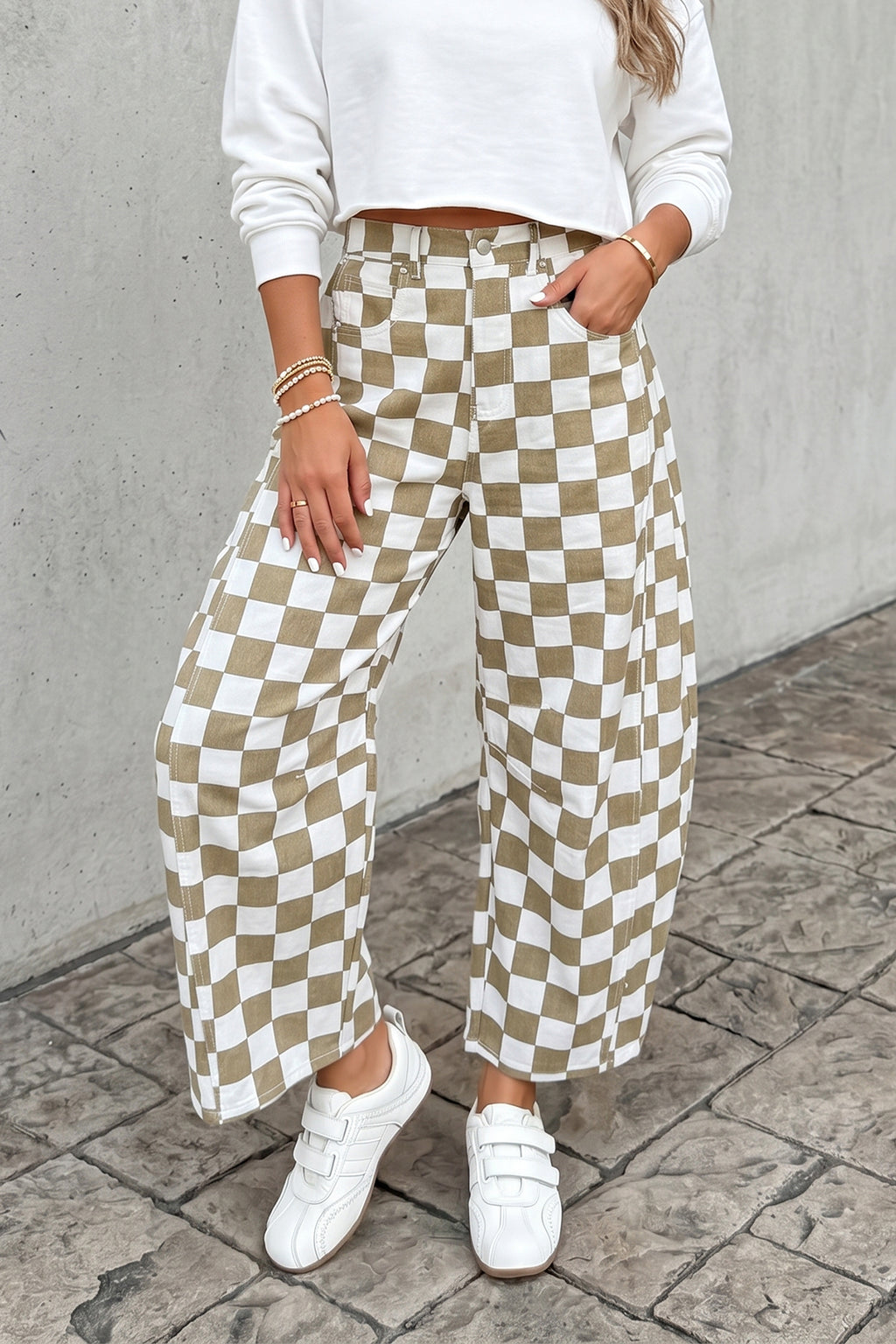 White Checkered Denim Barrel Pants | Relaxed Fit | UK 8–18