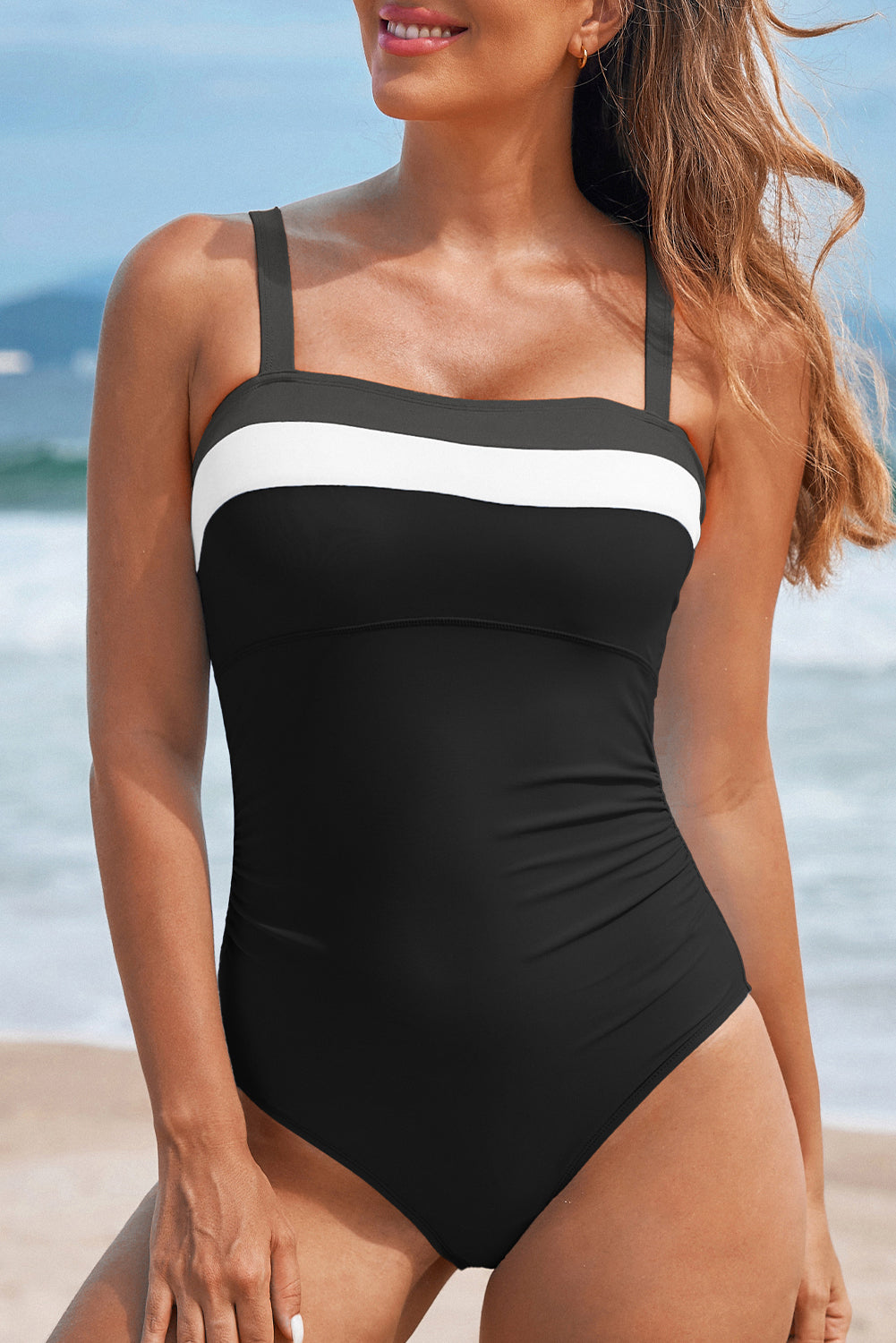 Women's Women Color Block Square Neck Tummy Control One Piece Swimsuit Black Navy S-2XL at LivelyLooks