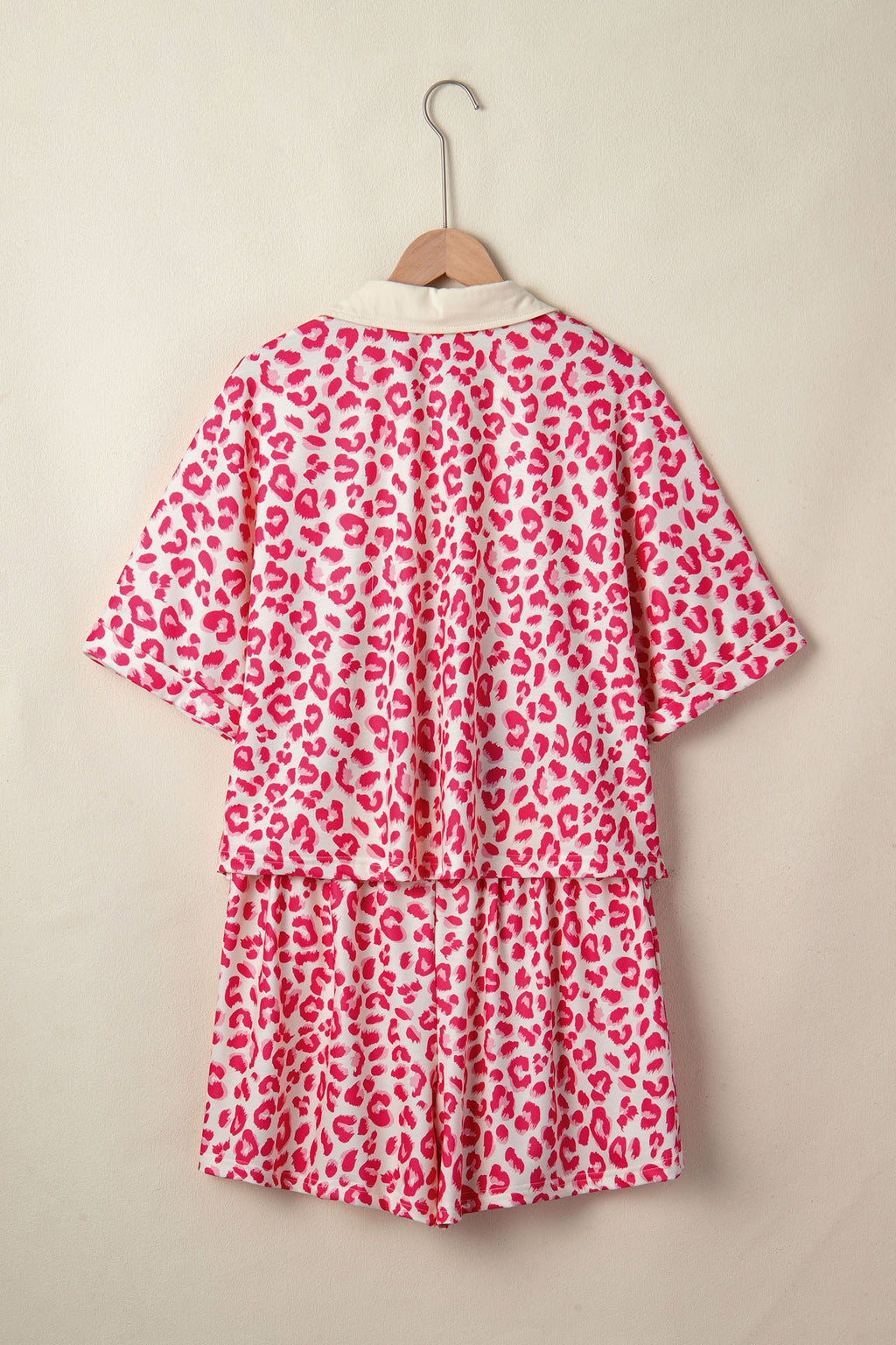 Leopard Print V-Neck Collar 2pcs Short Set | Rose, Khaki & Brown
