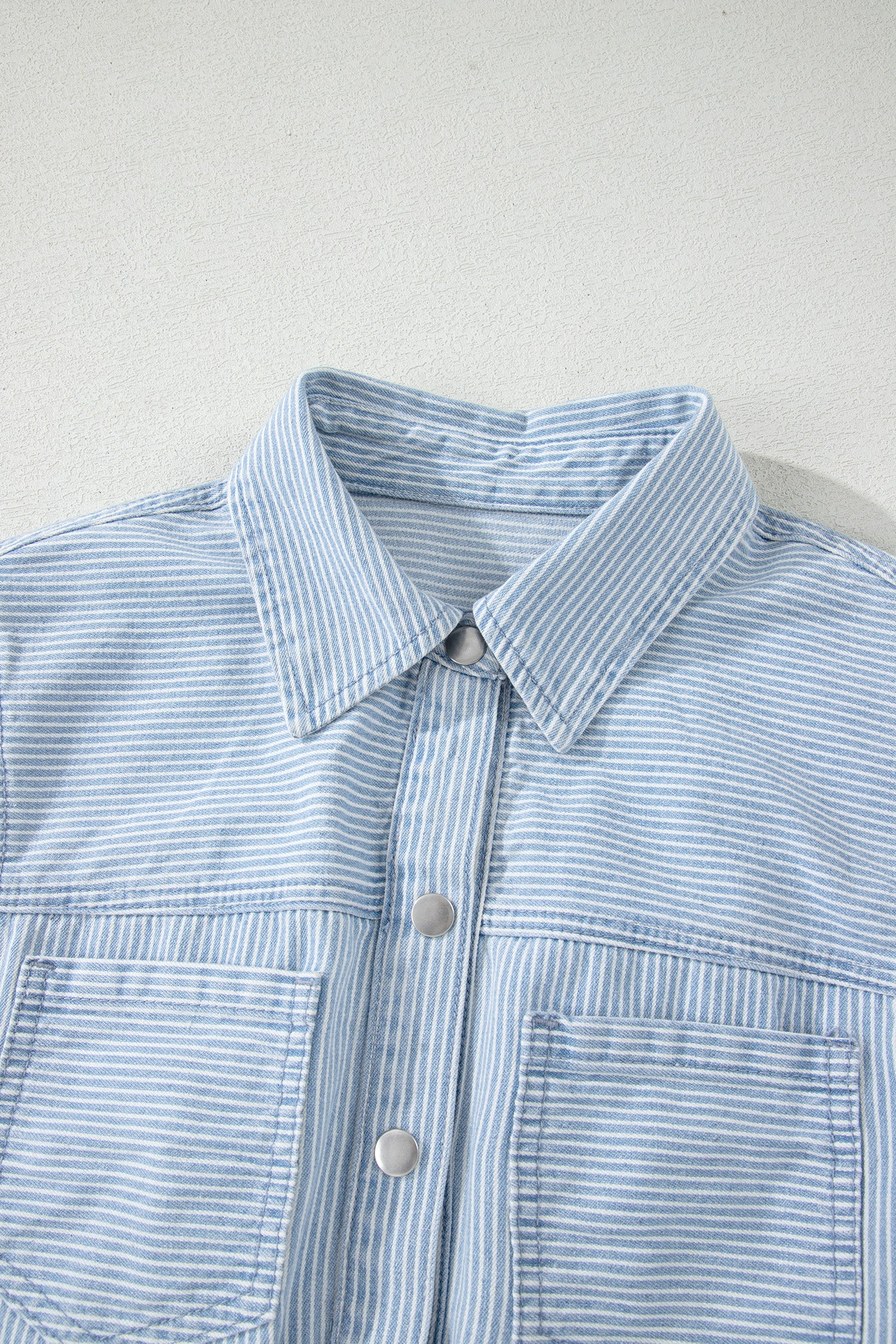 Women's Sky Blue Stripe Denim Mini Dress Collared Button Front Sleeveless S-XL at LivelyLooks