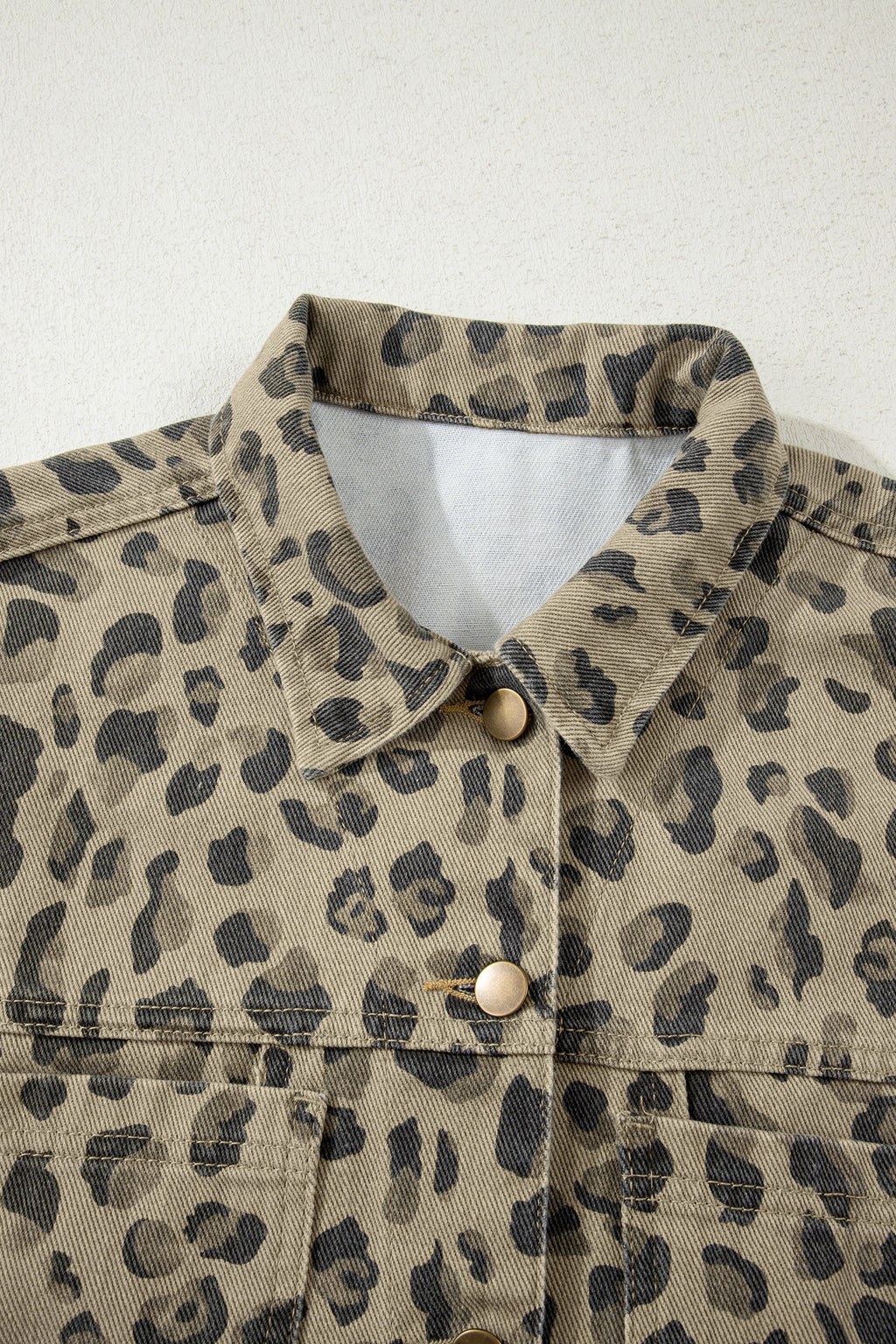 Khaki Retro Leopard Print Seam Detail Button Down Denim Jacket | UK 8–22