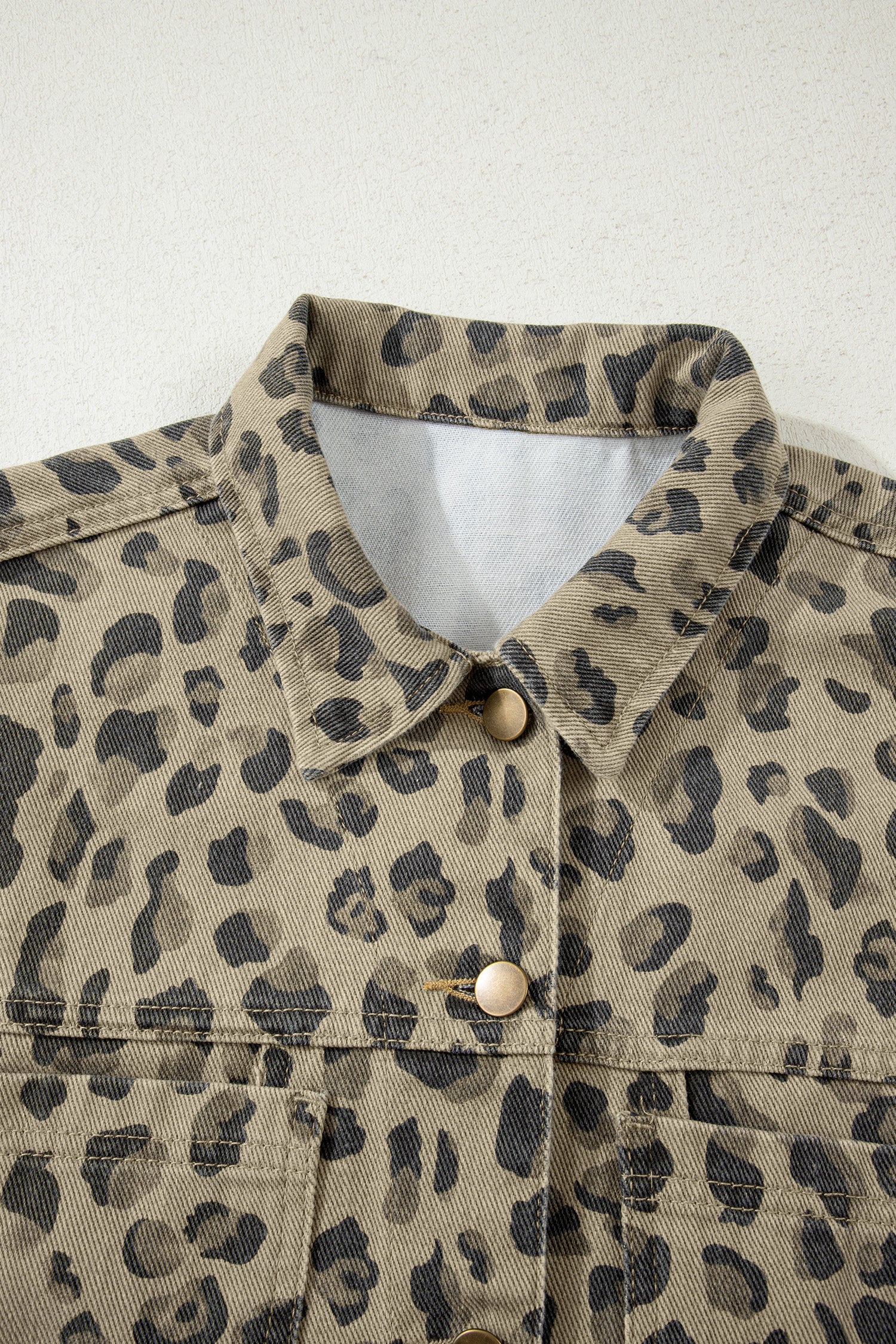 Khaki Retro Leopard Print Seam Detail Button Down Denim Jacket | UK 8–22