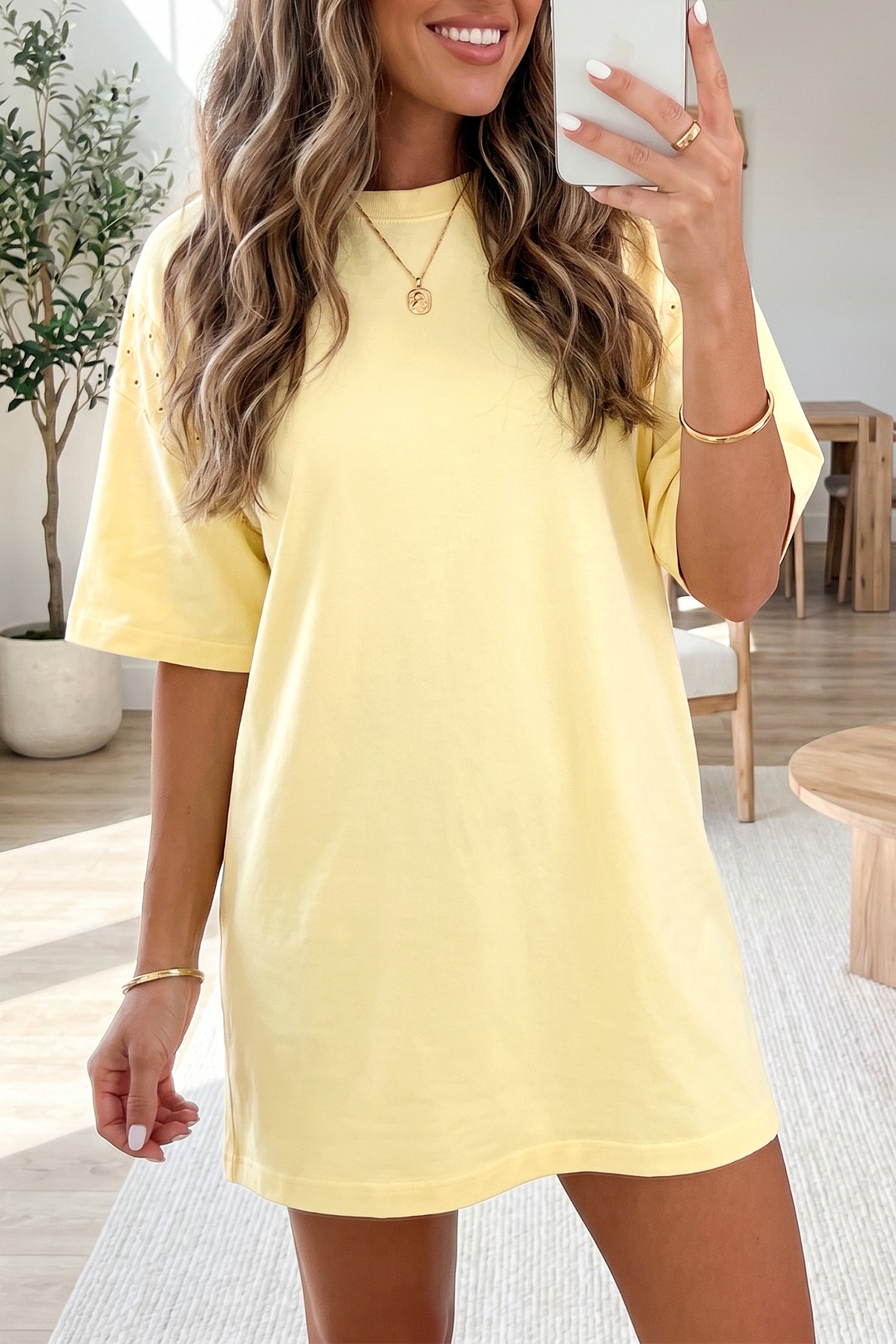 Yellow Cream Eyelet Embroidered Lace Sleeve Loose T-Shirt Dress
