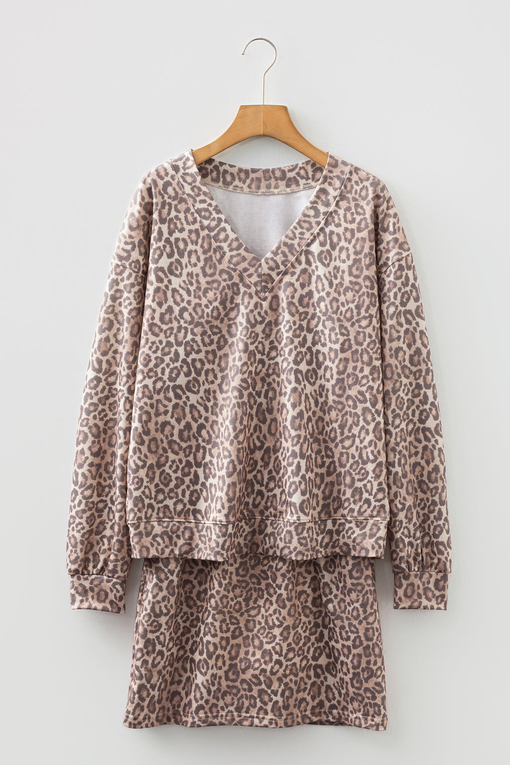 LivelyLooks Beige Leopard Print V-Neck Pullover & Mini Skirt Set Women's S-XL women's fashion