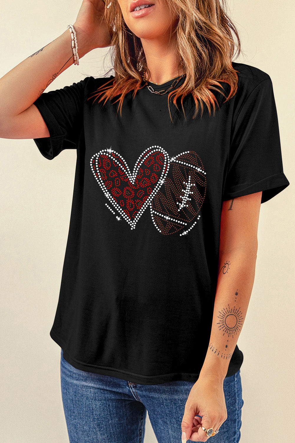 Shop Black Rhinestone Rugby Football Heart Shape Graphic T Shirt Sparkle Gem Tee Top at LivelyLooks