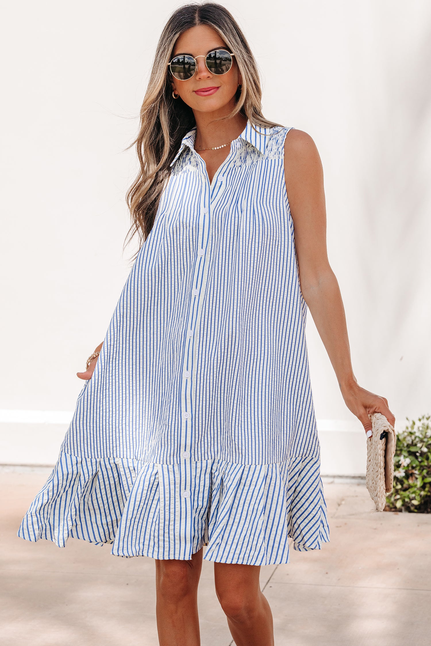 Sky Blue Stripe Ruffle Hem Shirt Collar Shirred Mini Dress S-XL