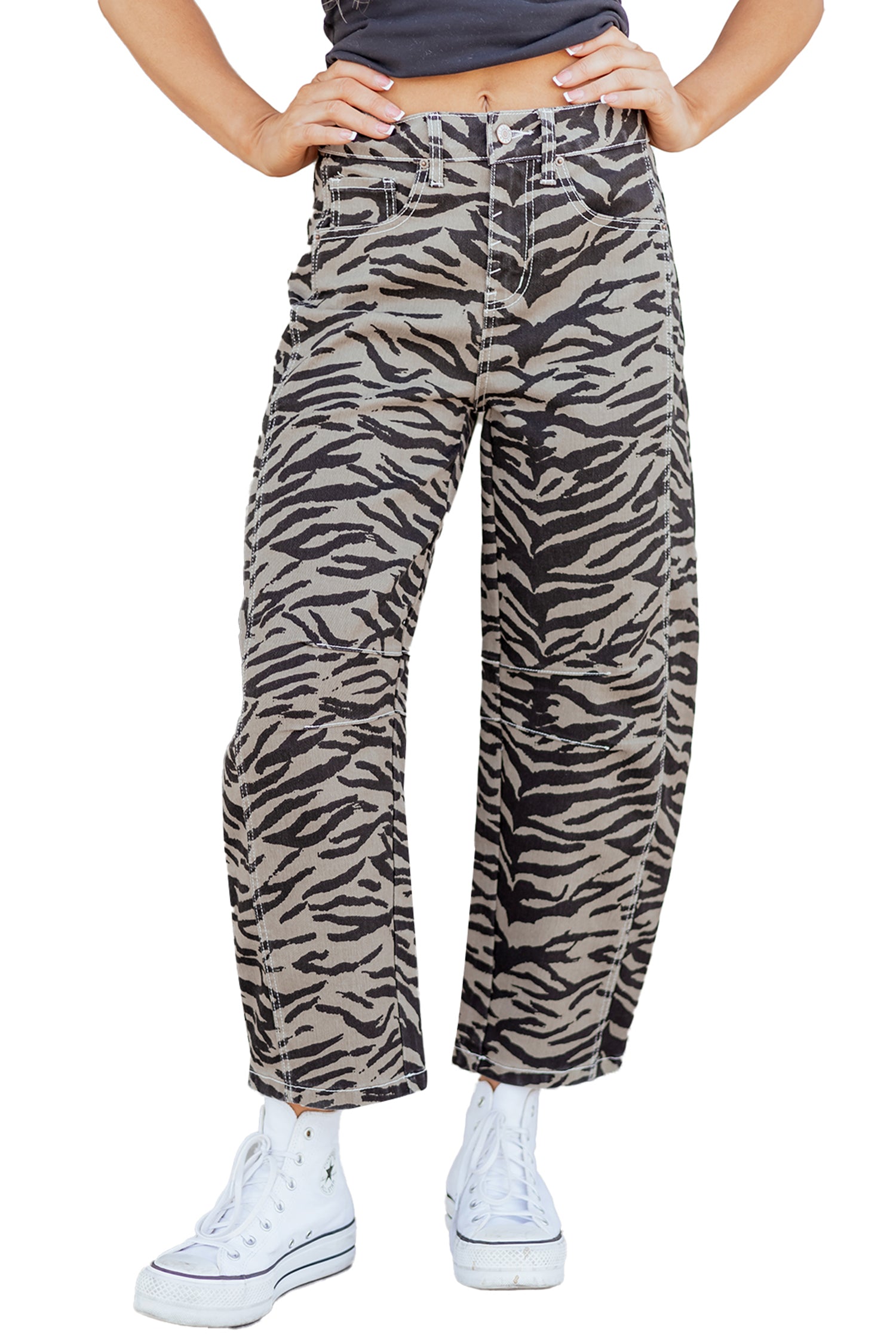 Women's Grey Zebra Print Barrel Leg Jeans Mid-Rise Wide Leg UK 4-16 at LivelyLooks
