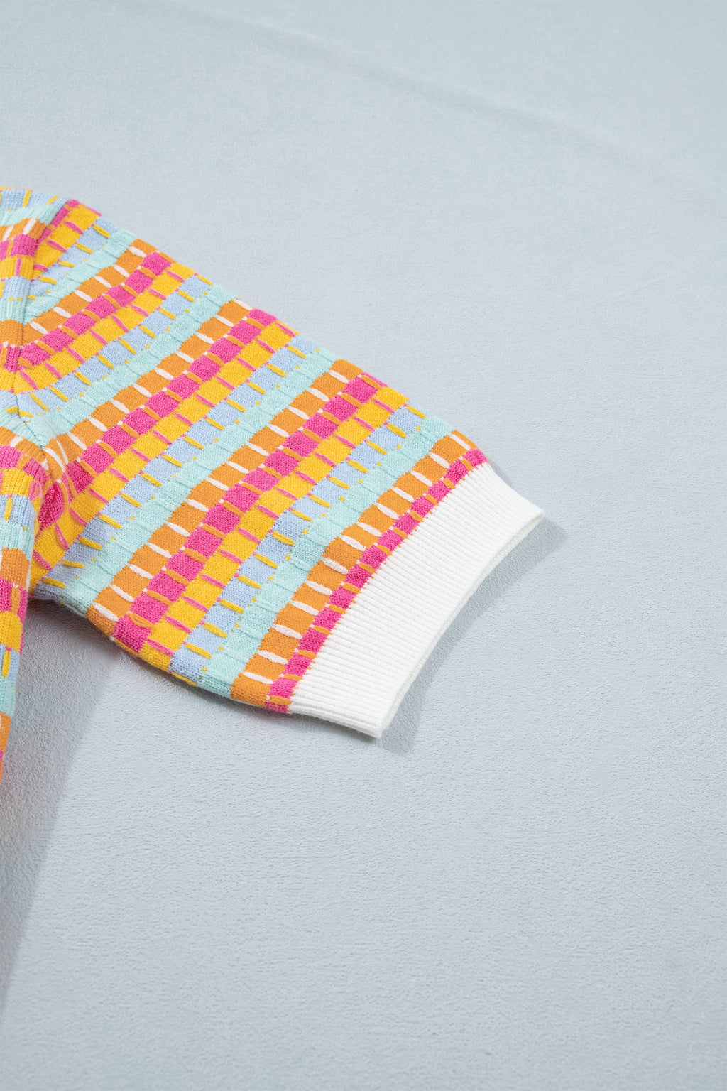 Women's Rose Red Abstract Stripe Knit Short Sleeve Sweater at LivelyLooks