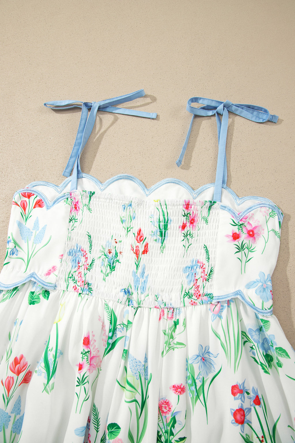 Floral Midi Dress Contrast Trim Self-Tie Straps High Waist Beige Pink Yellow