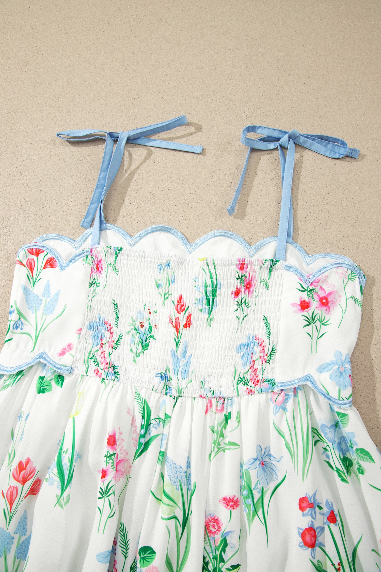 Floral Midi Dress Contrast Trim Self-Tie Straps High Waist Beige Pink Yellow