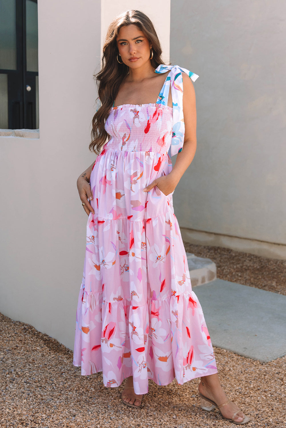 Shop Pink Floral Print Knotted Shoulder Smocked Maxi Dress Summer Boho Casual Sundress at LivelyLooks