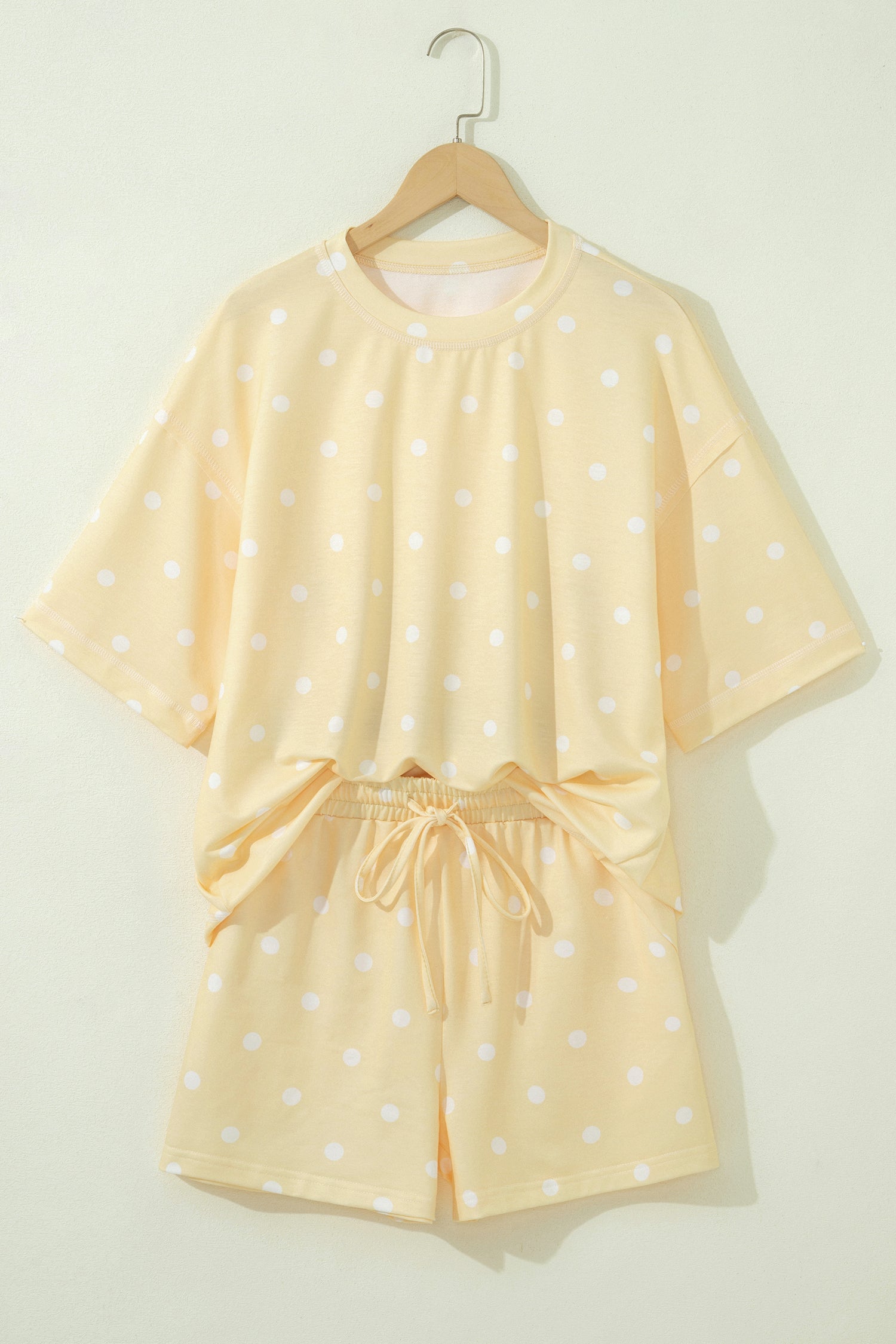 LivelyLooks White Polka Dot Exposed Seam Loose Tee & Drawstring Shorts Set S-XL women's fashion