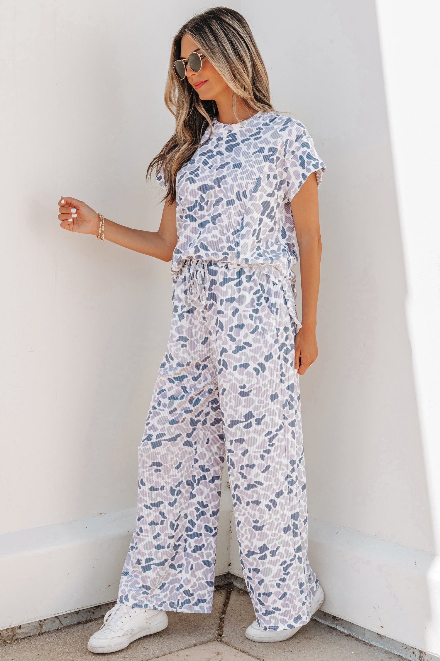 Beige Camouflage Print Twisted Rib Loose Tee & Drawstring Pants Set