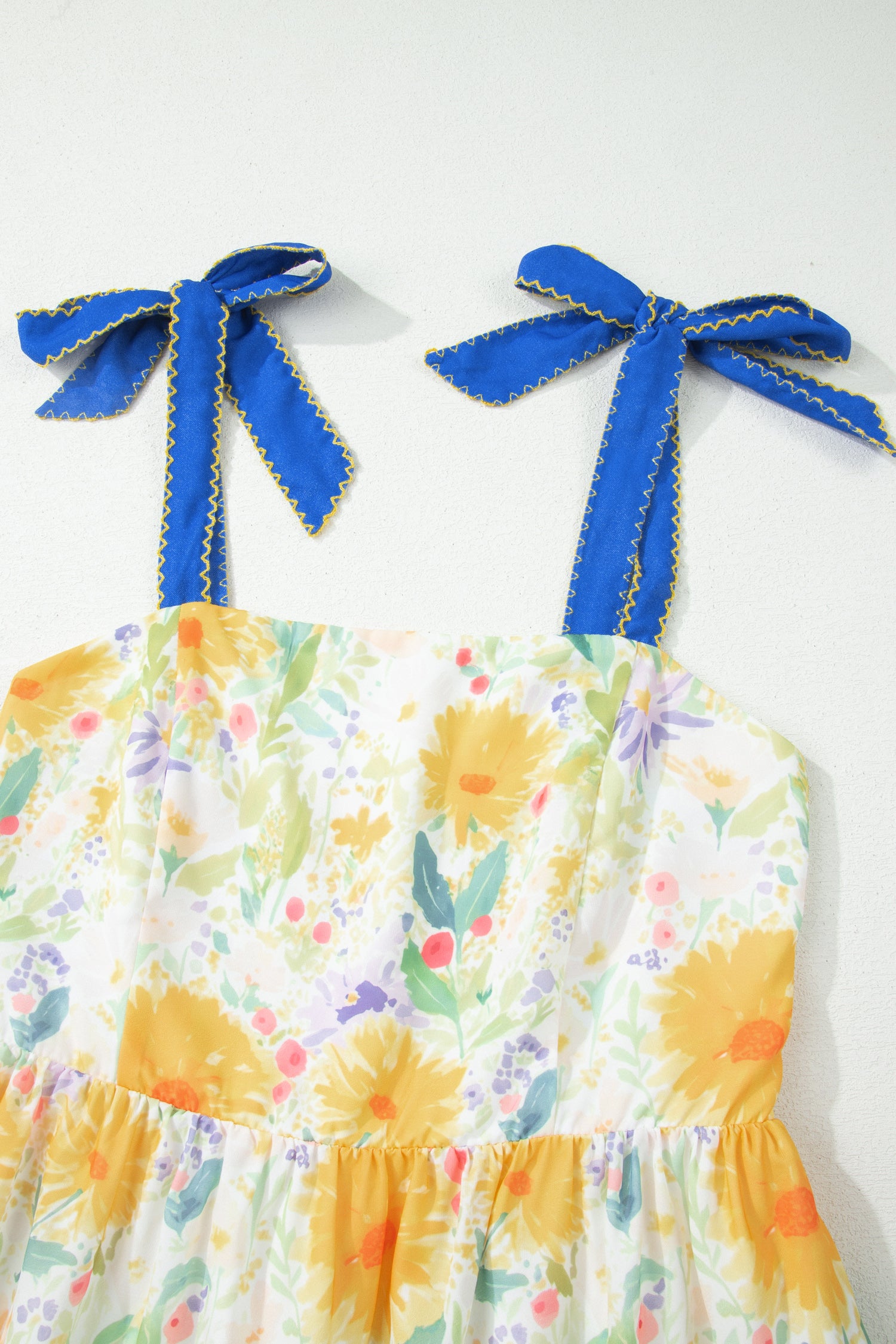Shop Yellow Floral Print Contrast Stitched Knot Denim Straps High Waist Dress at LivelyLooks