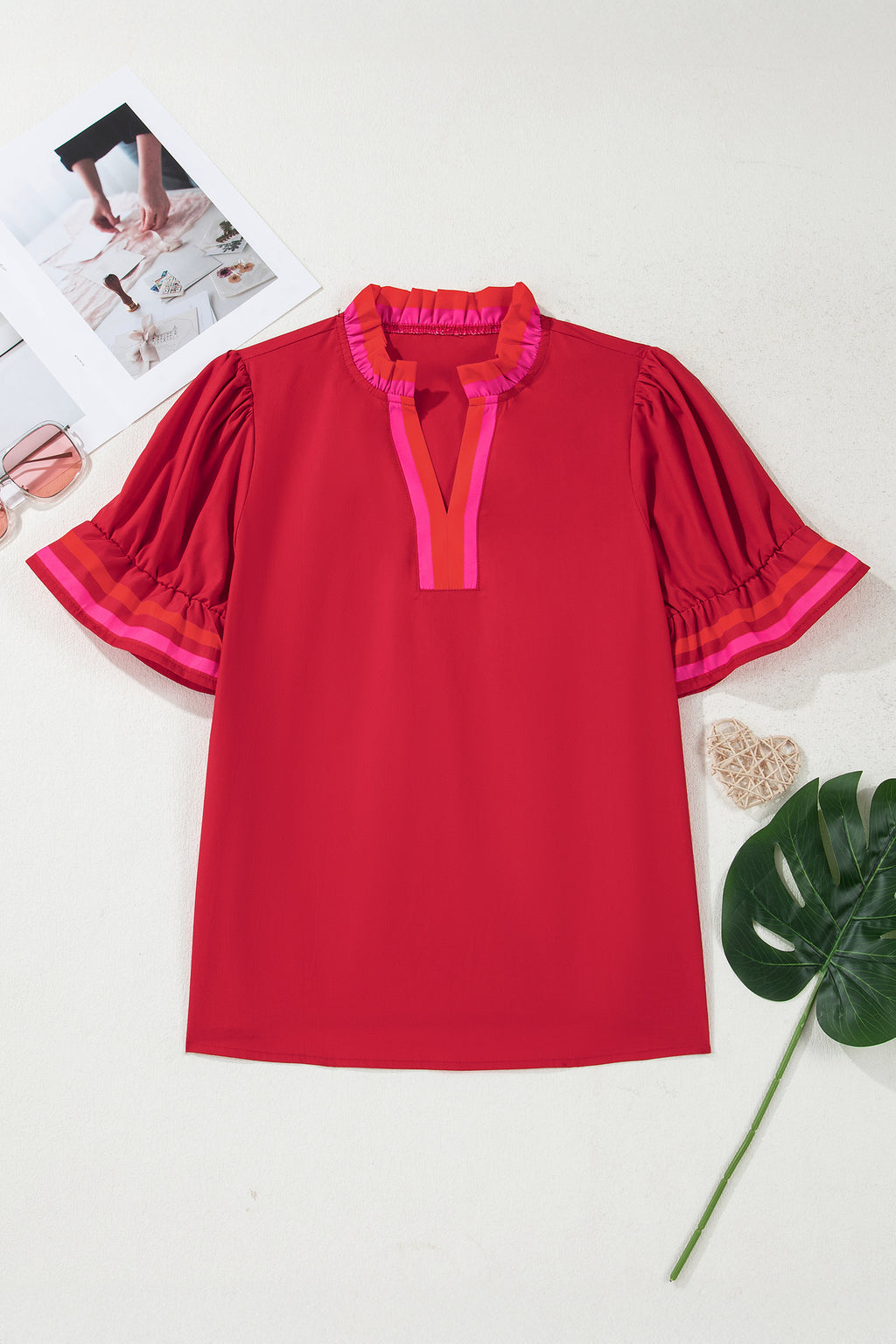 Striped Frilled Collar Ruffled Blouse Short Sleeve Green Sky Blue Fiery Red S-XL