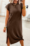 Red Sandalwood Solid Colour Long T-Shirt Dress with Slits S-XL