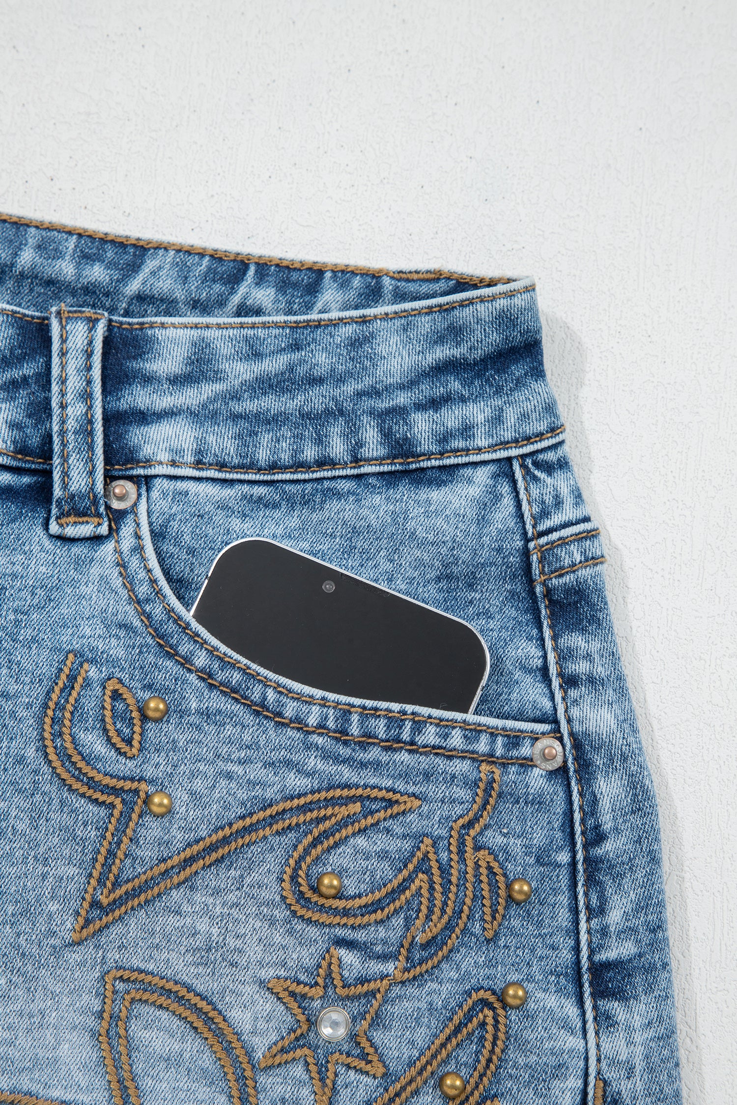 Dusk Blue Western Embroidery Denim Shorts Stud Detail Frayed Hem Women UK 4-16